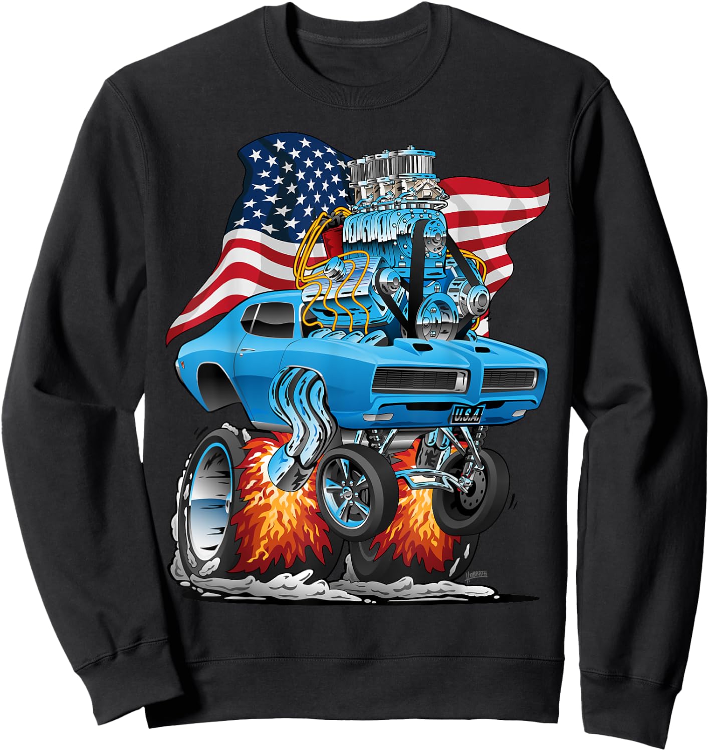 Patriotic 60s Muscle Car Funny Dragster USA Hotrod Cartoon Sweatshirt - Sweatshirt | Black