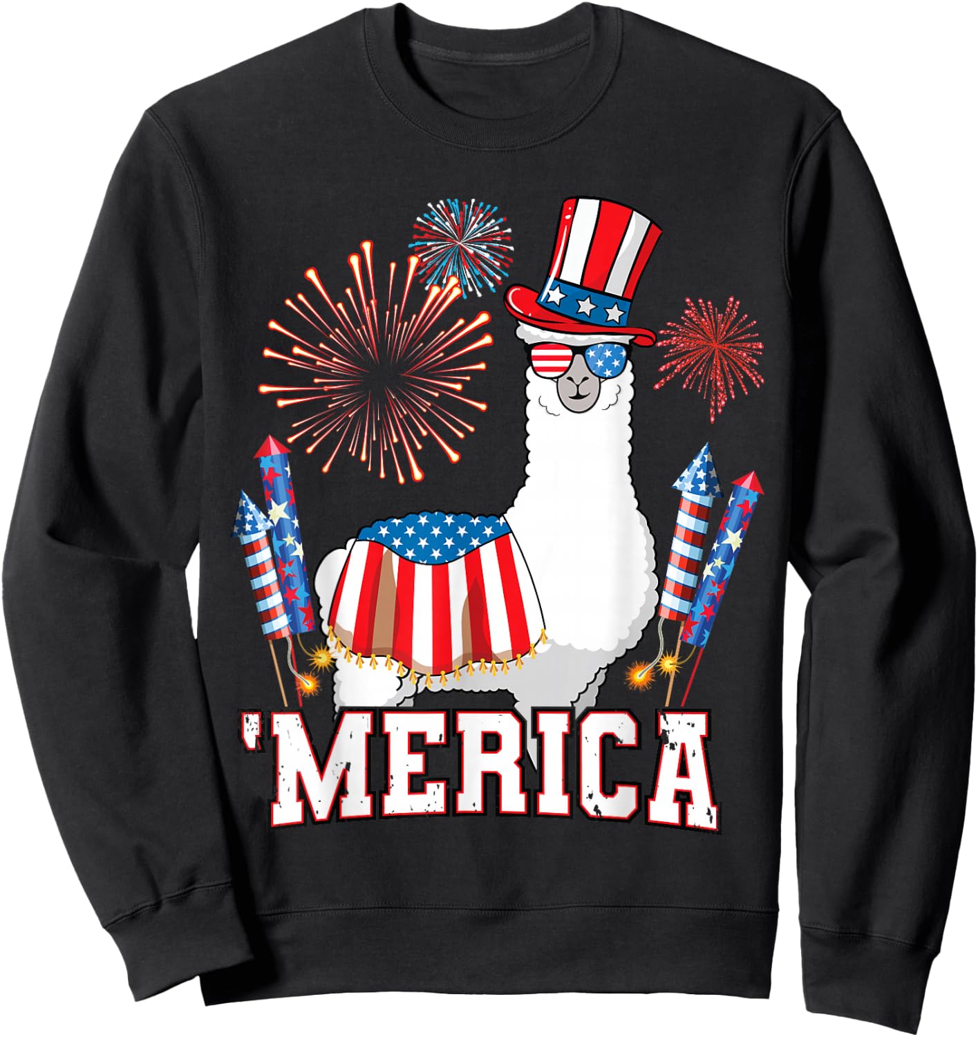 Patriotic Llama Merica Funny 4th of July Fireworks Sweatshirt - Sweatshirt | Black