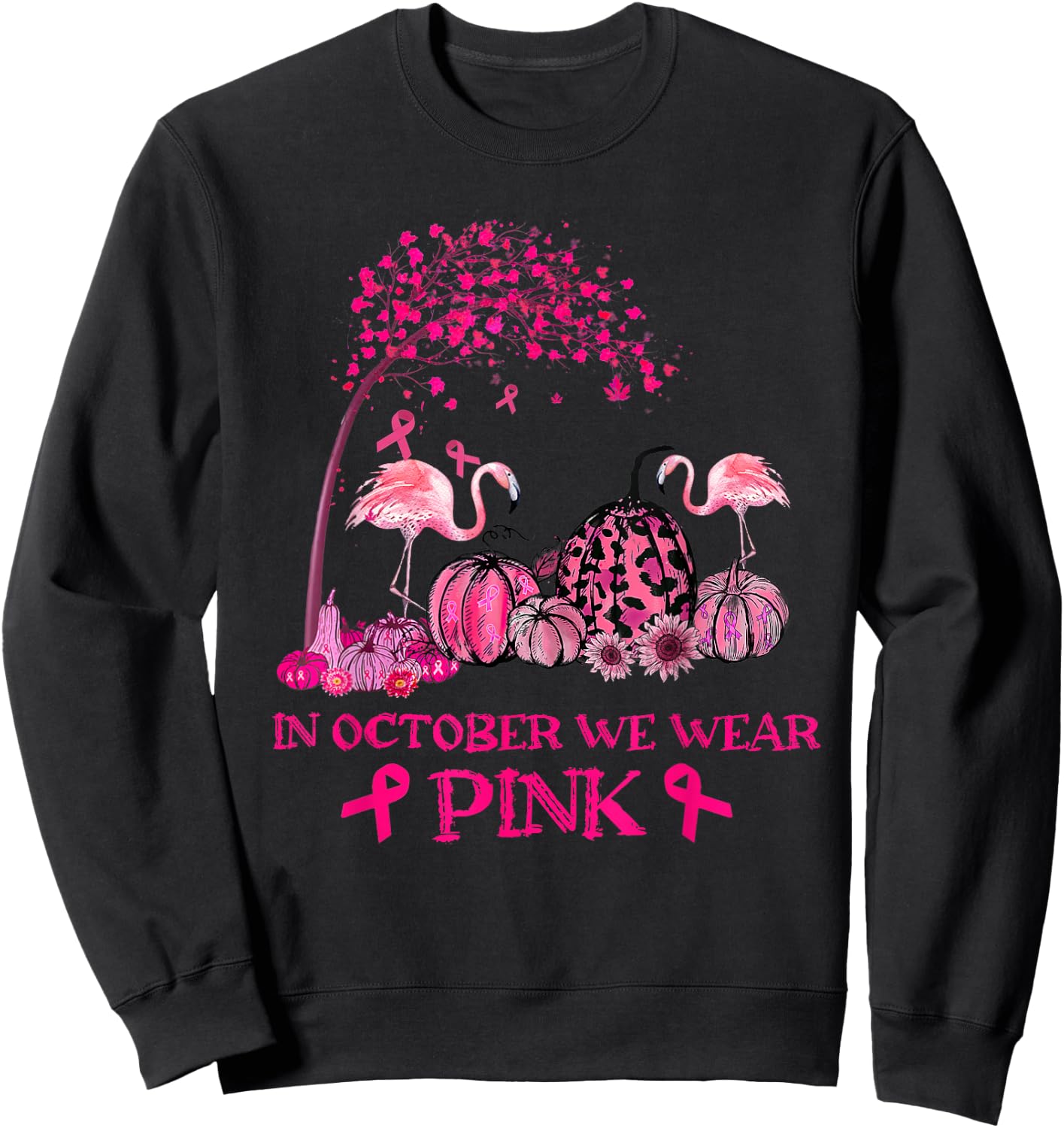 In October We Wear Pink Flamingo Breast Cancer Awareness Sweatshirt - Sweatshirt | Black