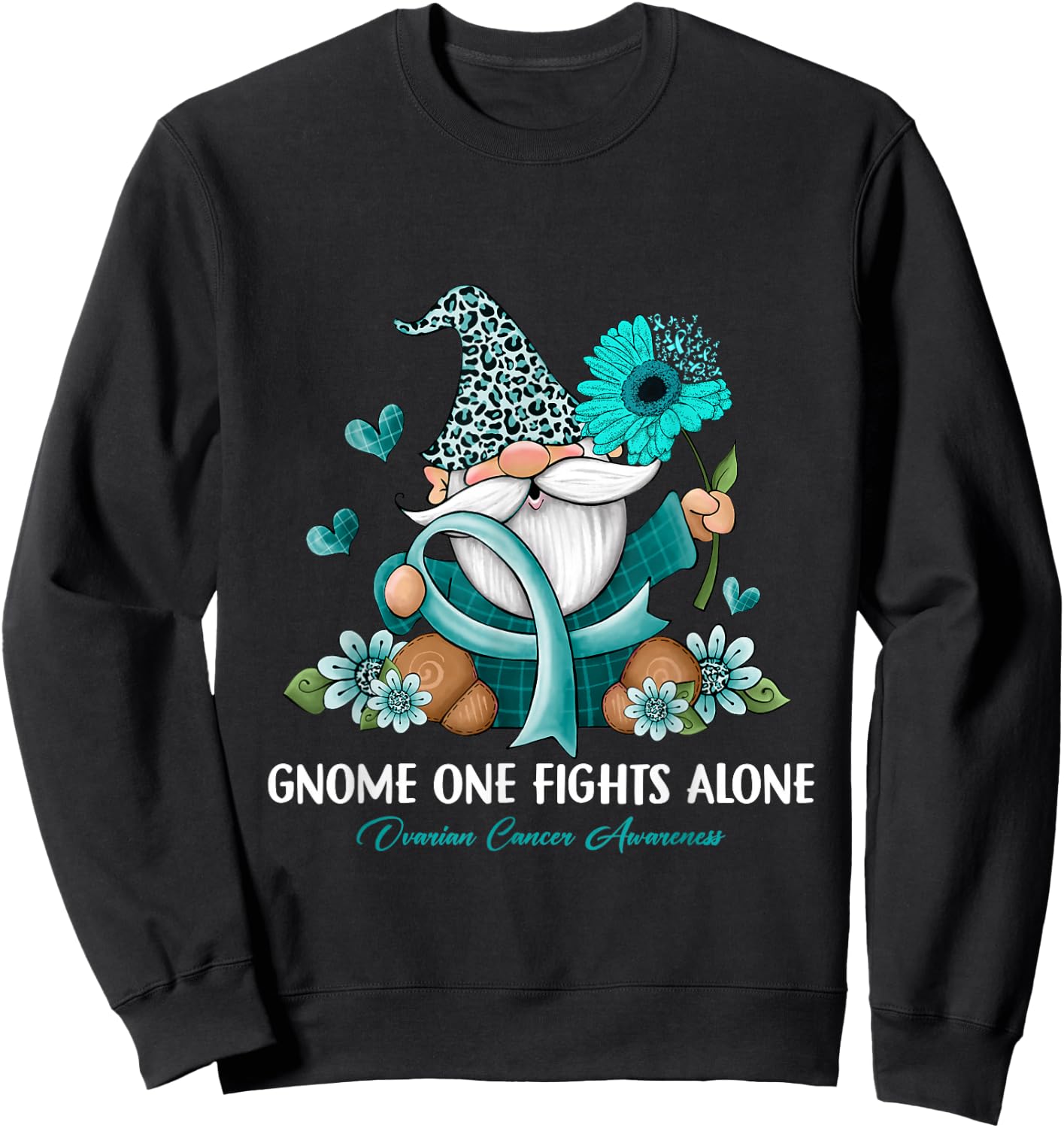 Sunflower Gnome One Fights Alone Ovarian Cancer Awareness Sweatshirt - Sweatshirt | Black