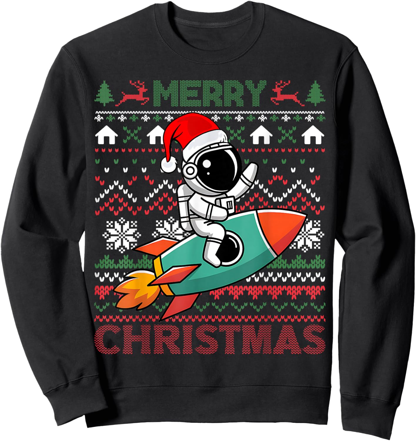 Merry Ugly Christmas Santa Hat Astronaut Riding Rocket Xmas Sweatshirt - Sweatshirt | Black