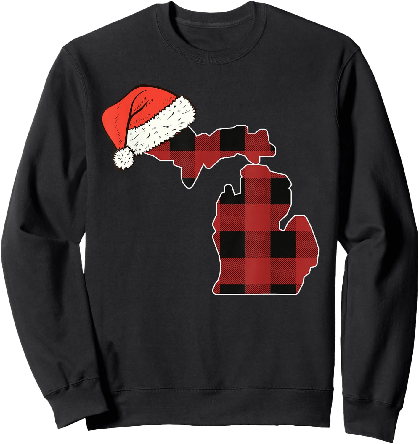 Michigan Plaid Christmas Santa Hat Holiday Matching Sweatshirt - Sweatshirt | Black