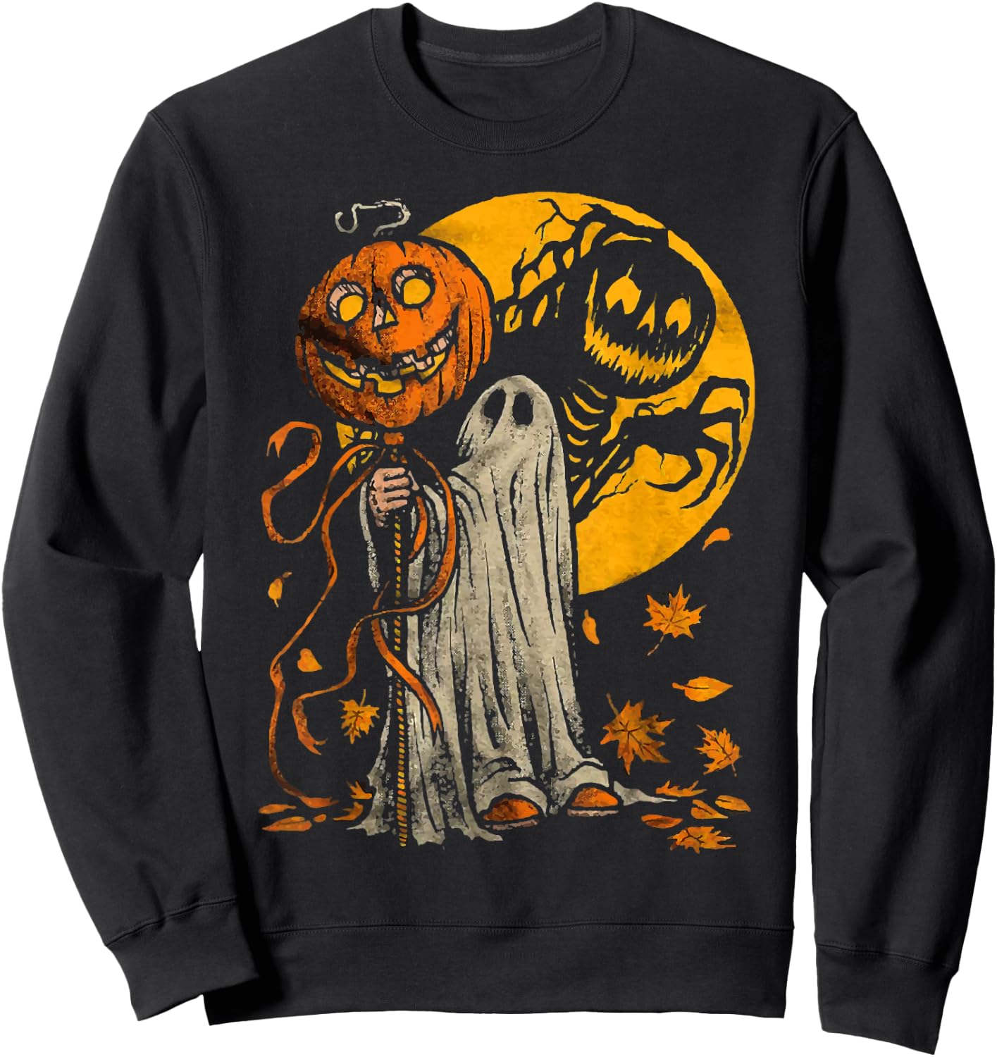 Halloween Pumpkin Ghost Autumn Leaves Graphic Art Sweatshirt - Sweatshirt | Black