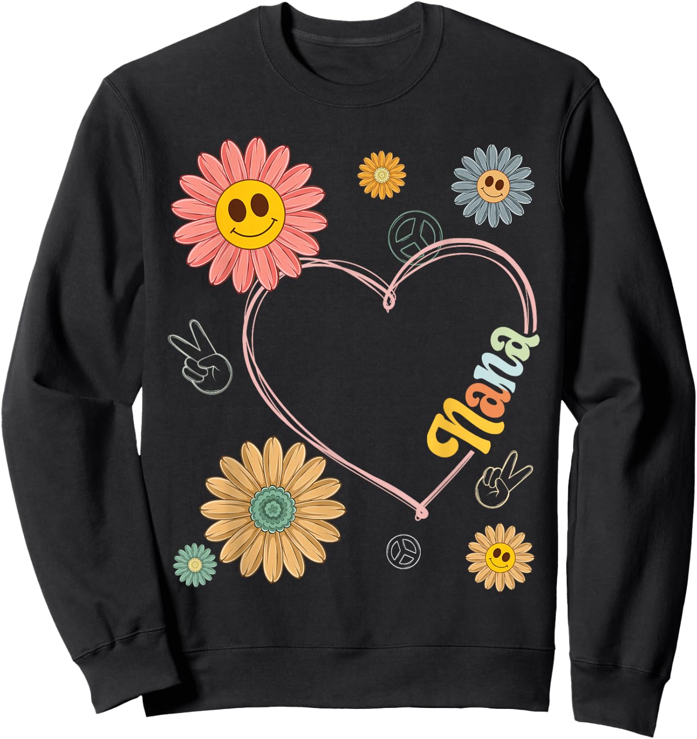 Love Heart Groovy Nana Mother's Day Women Hippie 70's Style Sweatshirt - Sweatshirt | Black