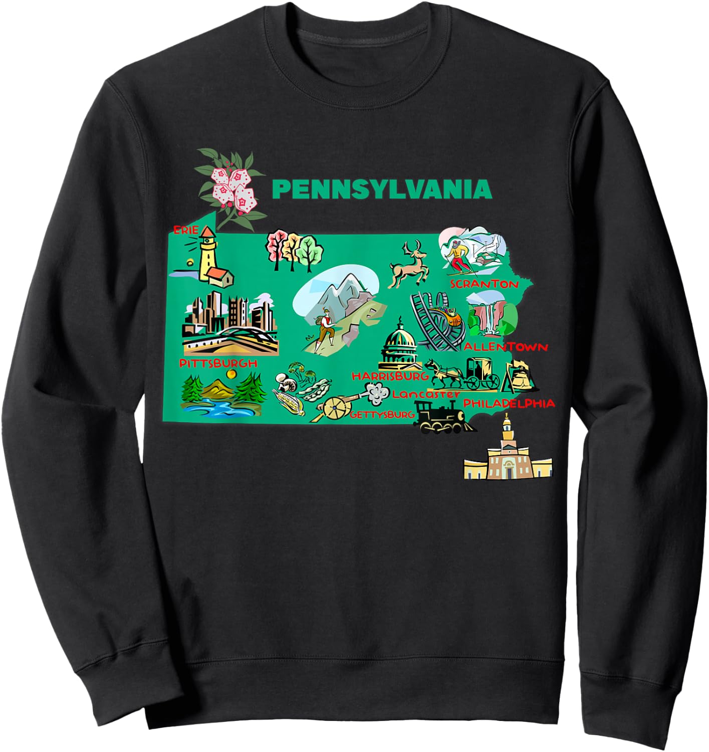 tourism map of Pennsylvania state, USA, major cities, flag Sweatshirt - Sweatshirt | Black