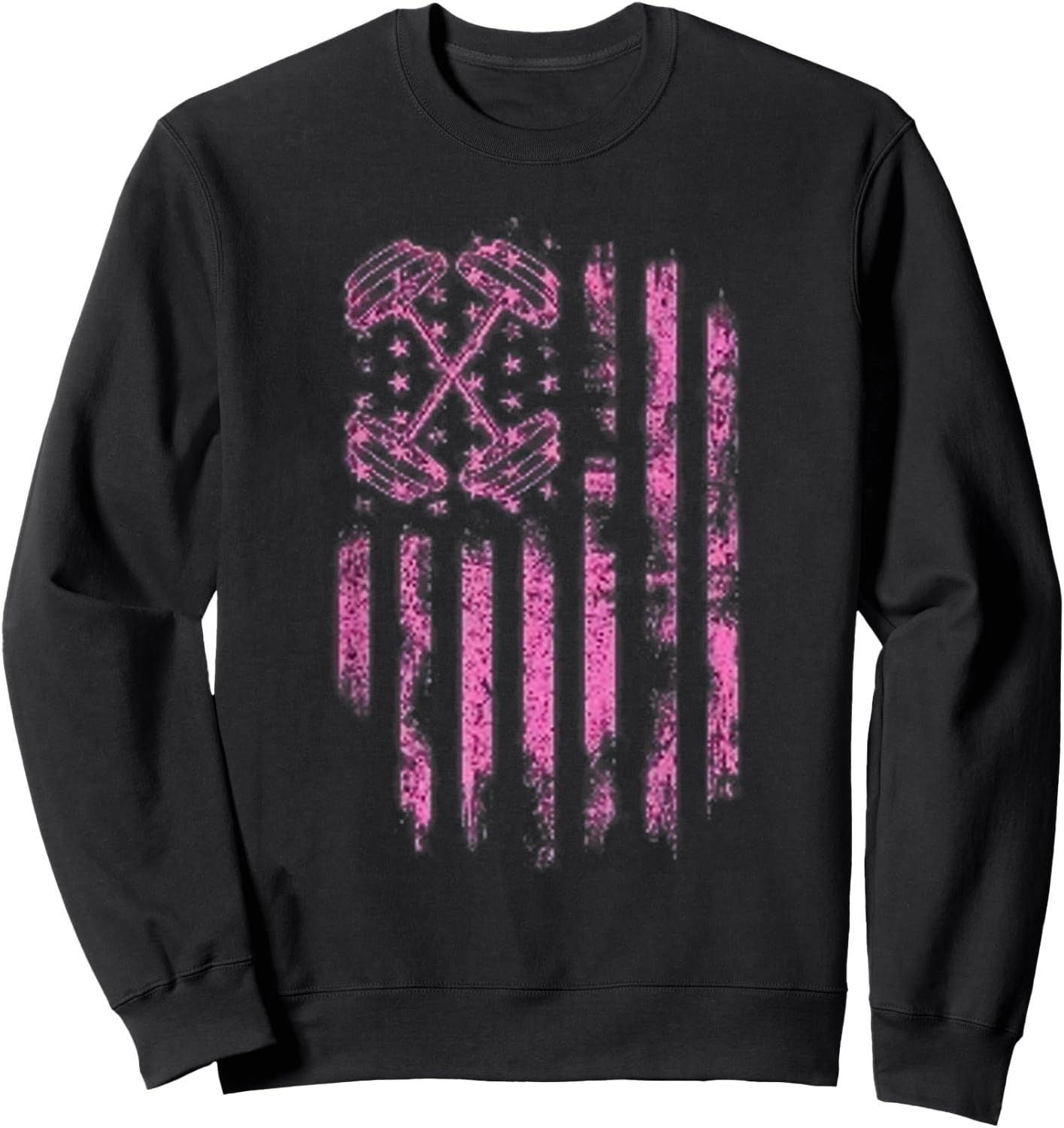 Pink Barbell American Flag Breast Cancer Awareness - Fitness Women Men Sweatshirt - Sweatshirt | Black