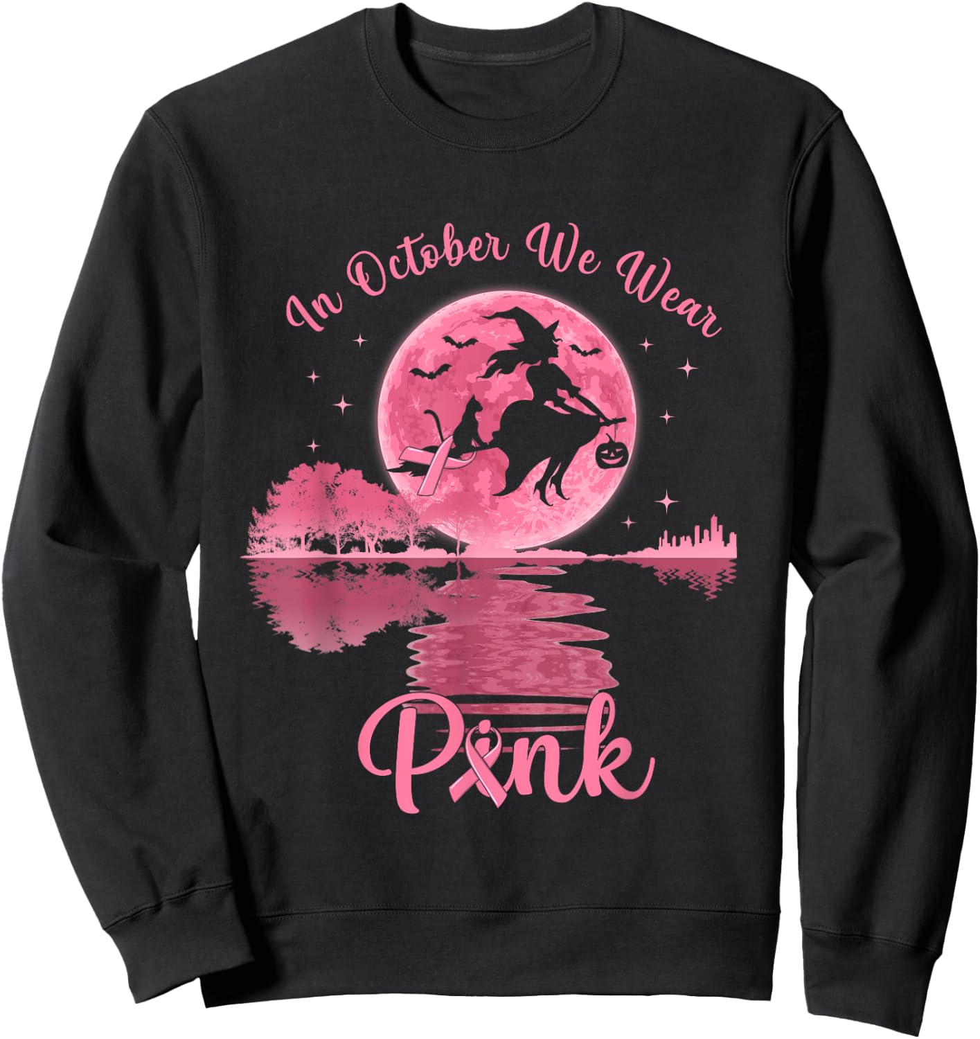 In October We Wear Pink Witch Breast Cancer Awareness Sweatshirt - Sweatshirt | Black