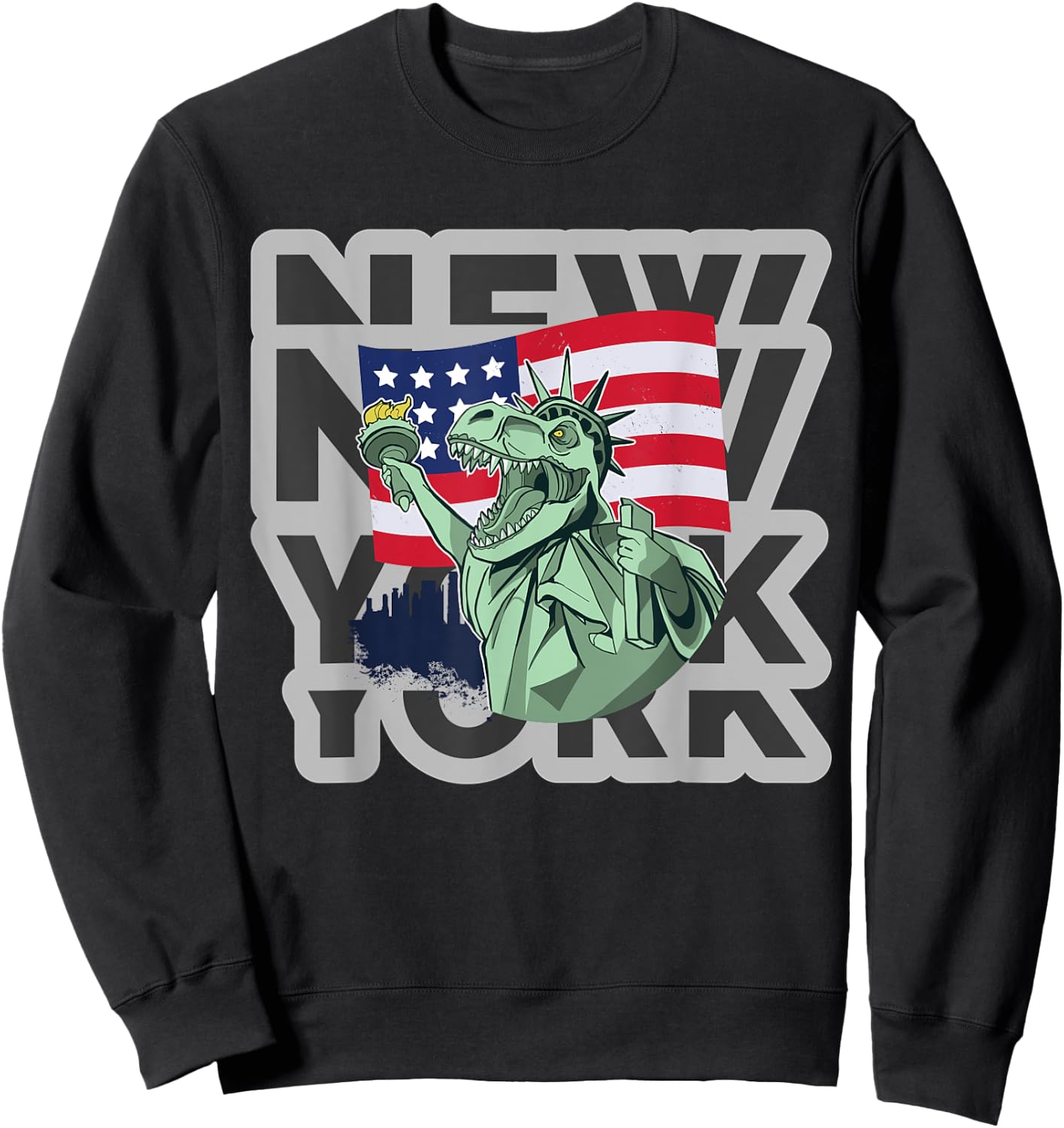 NYC New York City Skylines statue of liberty Growl Dinosaur Sweatshirt - Sweatshirt | Black