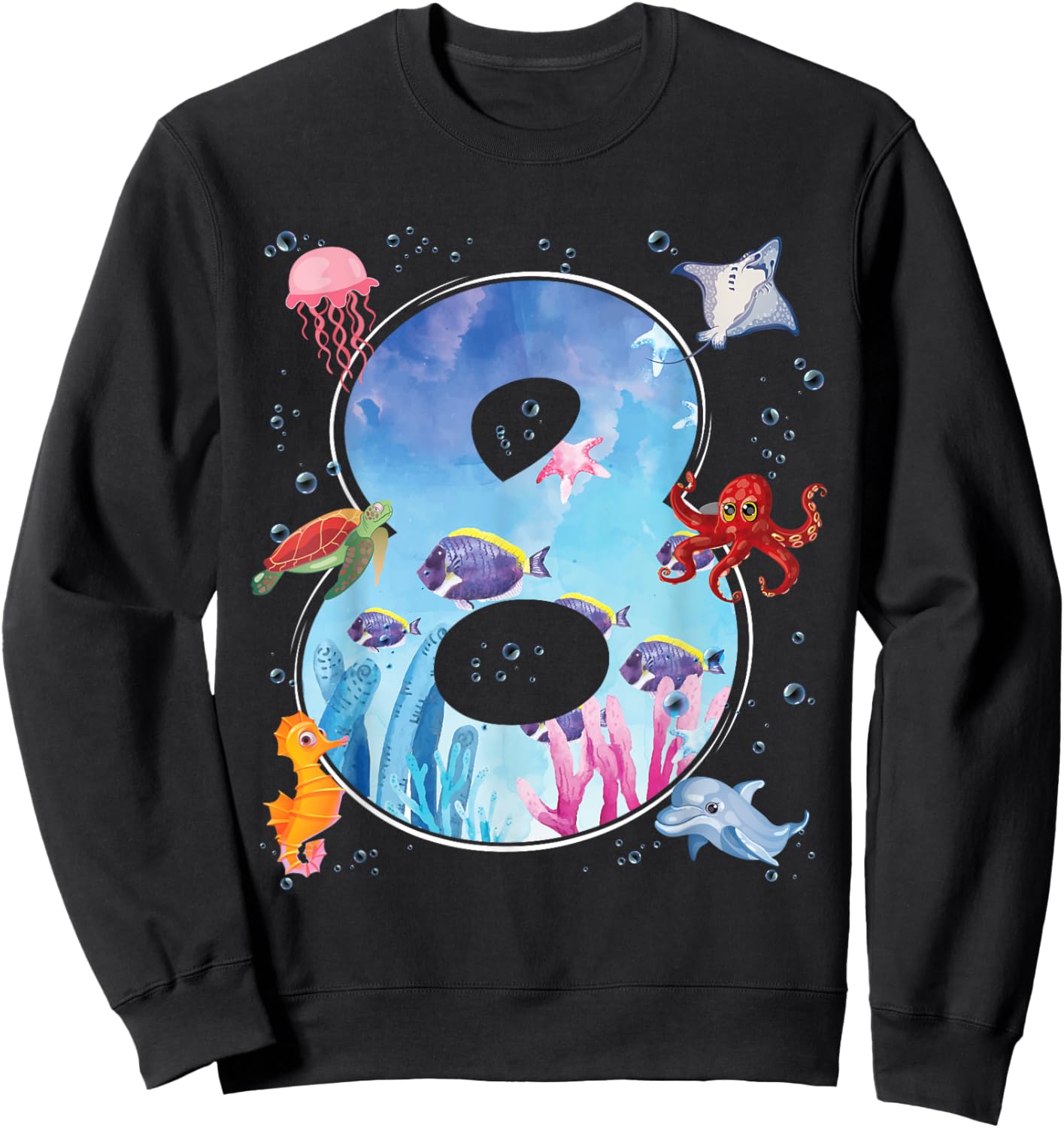 8th Birthday Party Ocean 8 Year Old Sea Fish Aquarium Boy Sweatshirt - Sweatshirt | Black