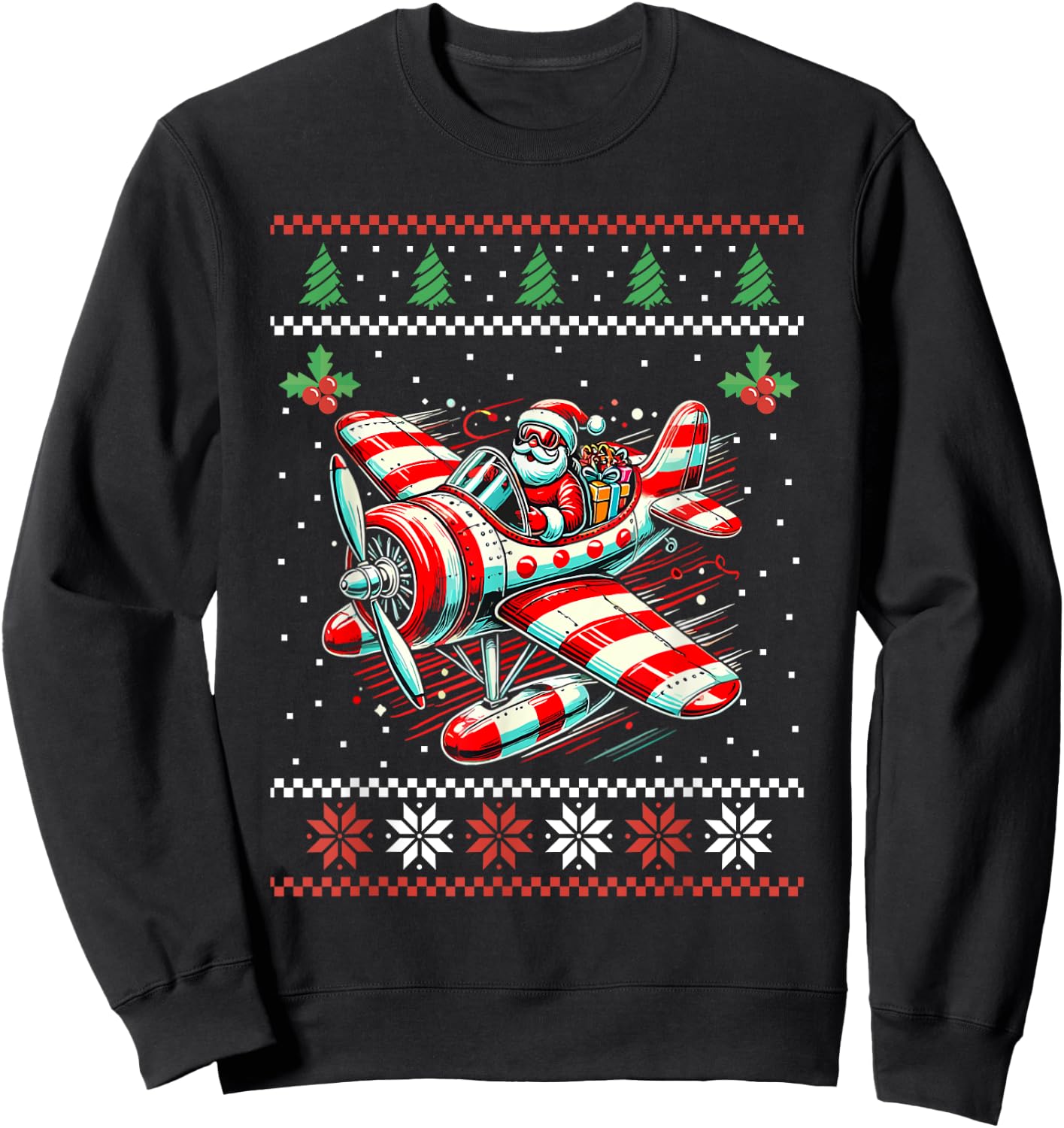 Santa Claus Flying Airplane Ugly Christmas Sweater Xmas Sweatshirt - Sweatshirt | Black