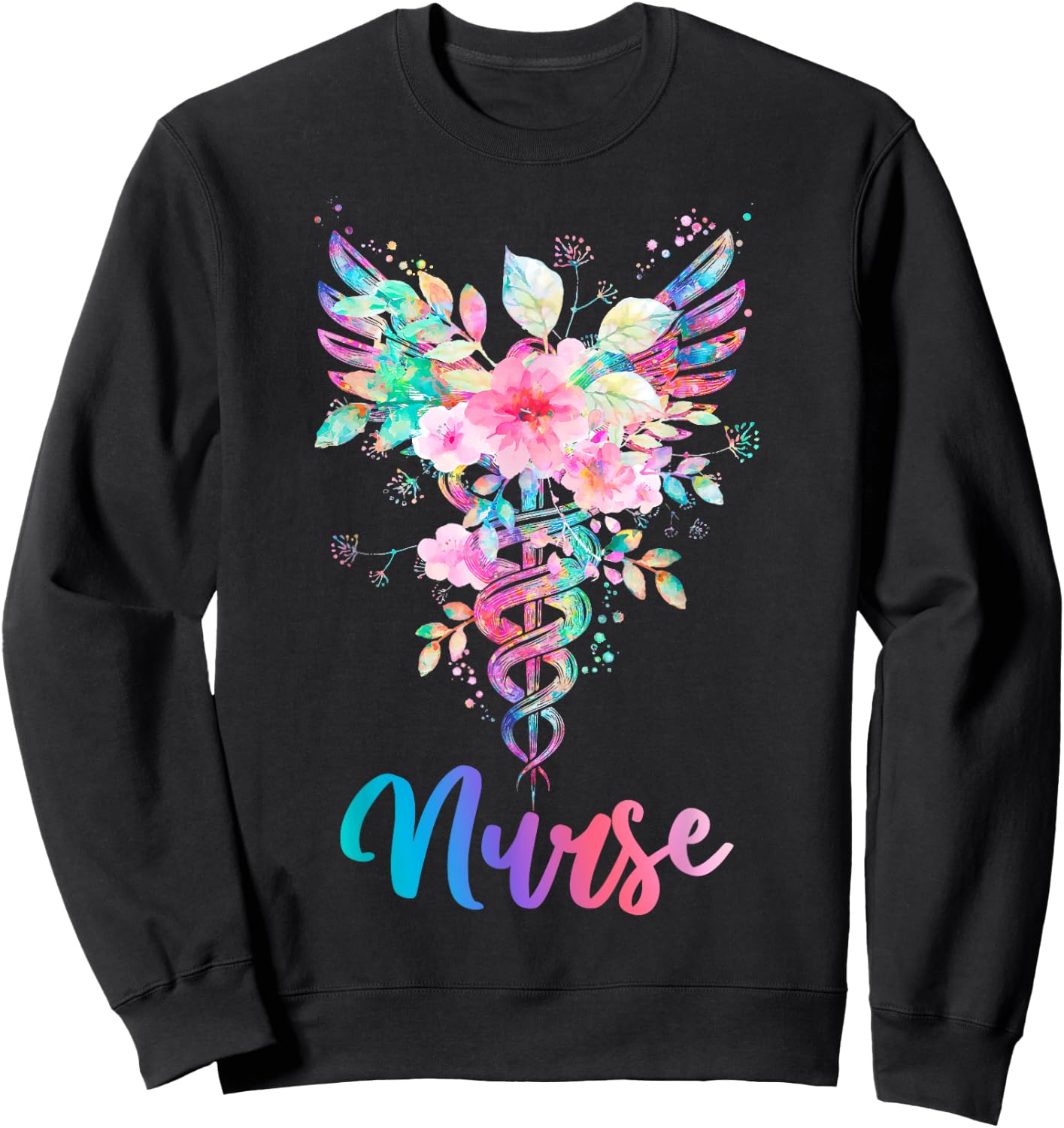 Nurse Watercolor Floral Caduceus Sweatshirt - Sweatshirt | Black