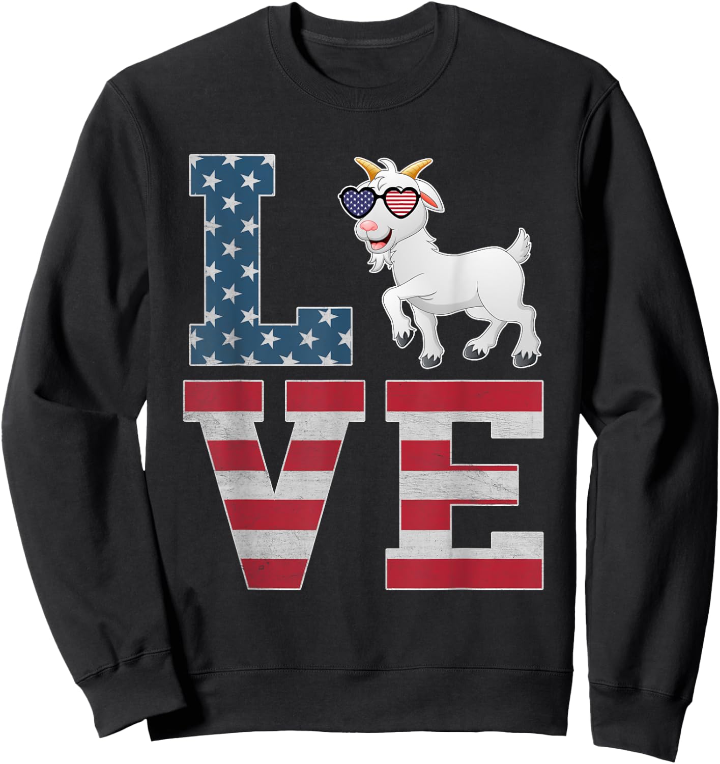 4th of July Decor Patriotic LOVE Goat American Flag Sweatshirt - Sweatshirt | Black