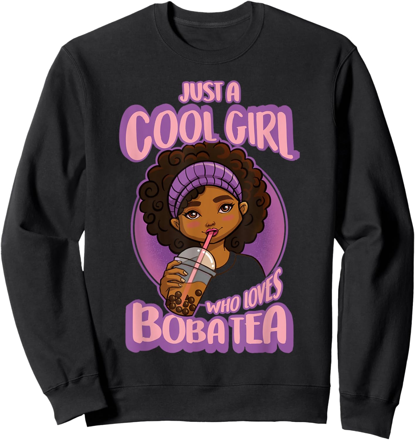 Kawaii Black Girl Anime Boba Tea Sweatshirt - Sweatshirt | Black