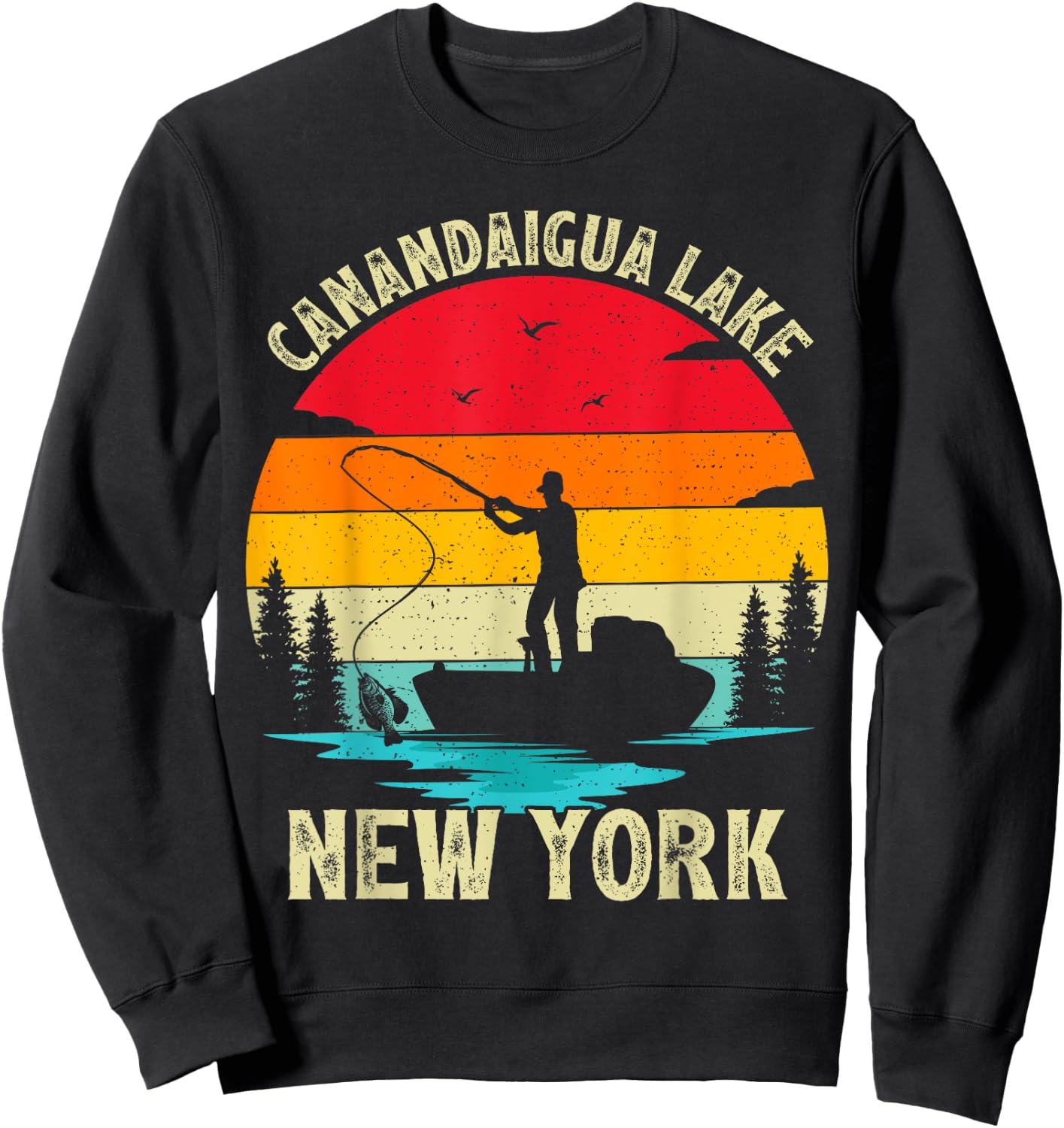 Summer Vacation Fishing Vintage New York Canandaigua Lake Sweatshirt - Sweatshirt | Black