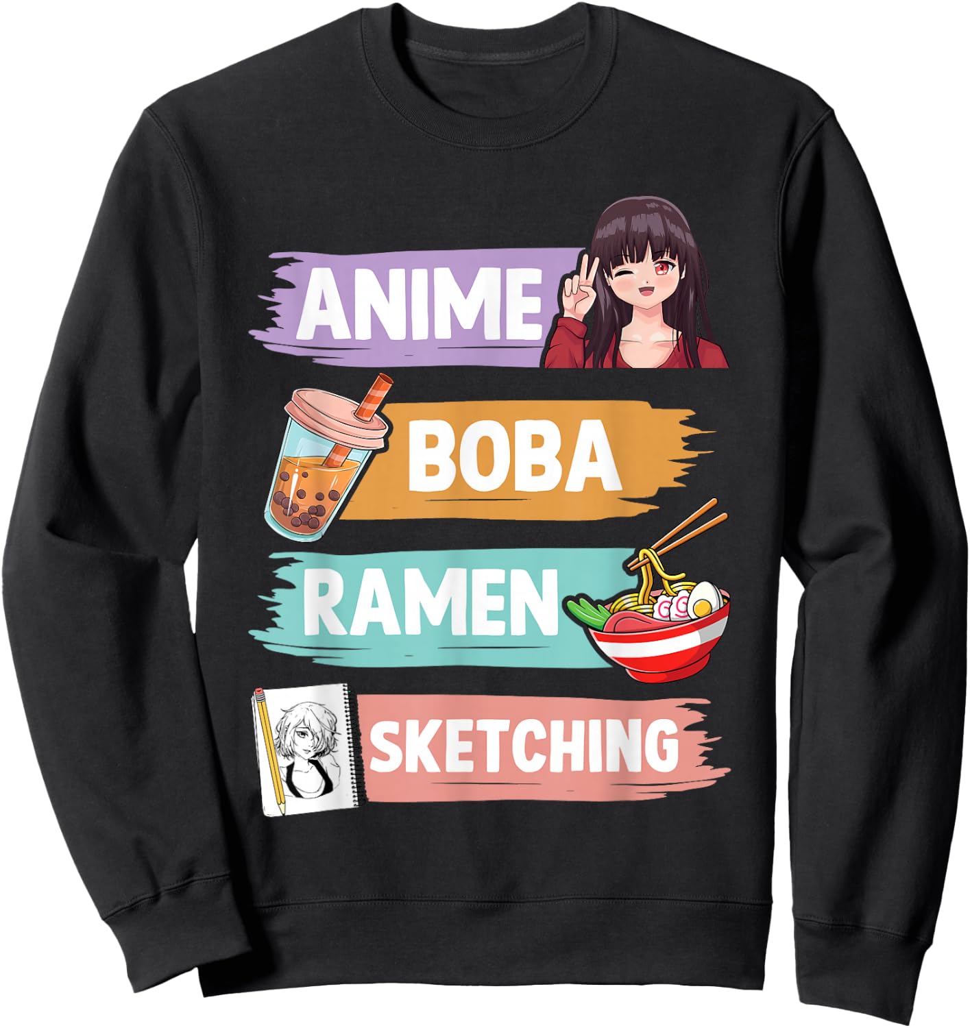 Anime Boba Ramen Sketching Otaku Kawaii Anime Girl Women Sweatshirt - Sweatshirt | Black