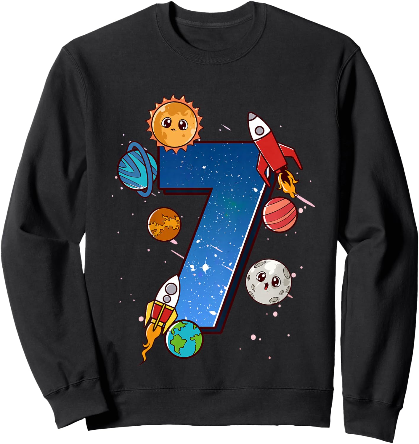 Kids Boys 7th Birthday Party Outfit 7 Years Old Space Planets Sweatshirt - Sweatshirt | Black