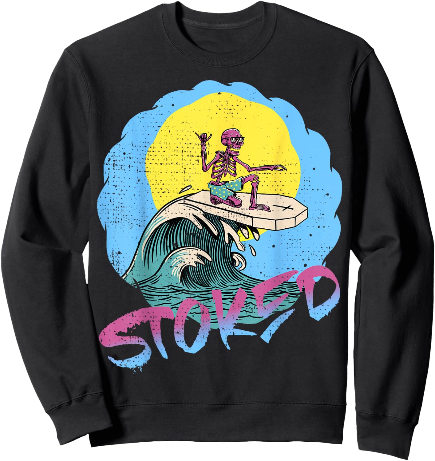 Surfing Skeleton Shaka T Shirts 80s Surf Surfboard Sweatshirt - Sweatshirt | Black