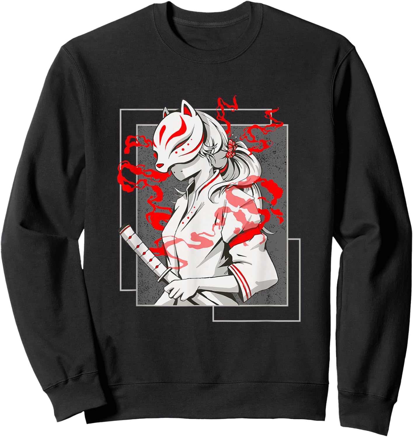 Japanese Fox Mask Aesthetic Kitsune Inari Anime Oni Monster Sweatshirt - Sweatshirt | Black