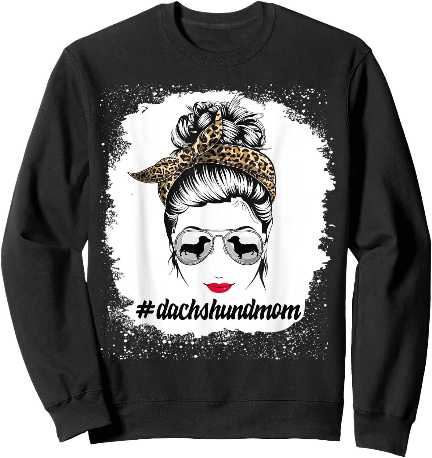 Dachshund Dog Mom Bleached Messy Bun Leopard Women Pet Lover Sweatshirt - Sweatshirt | Black