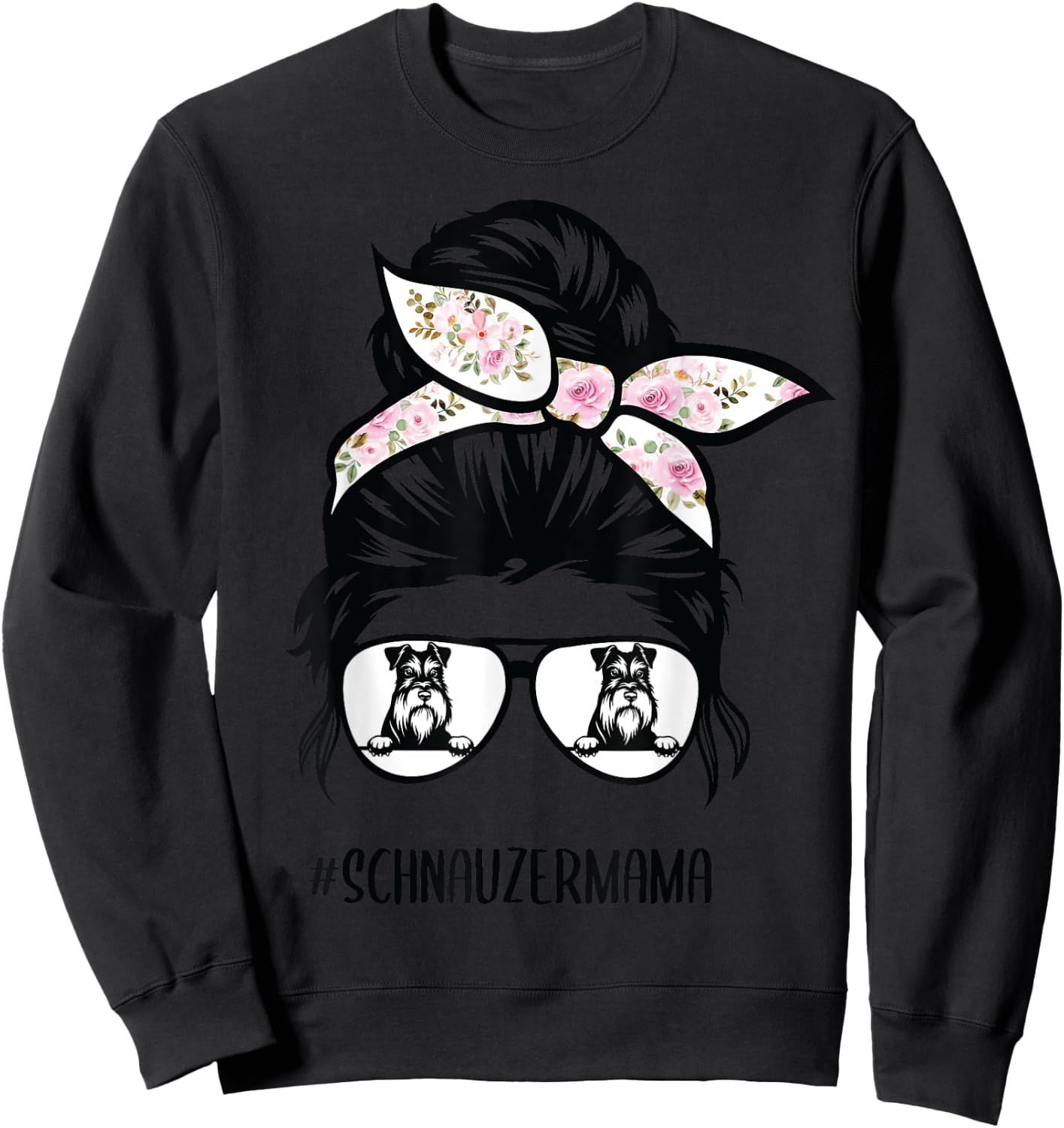 Miniature Schnauzer mom messy bun hair glasses Sweatshirt - Sweatshirt | Black