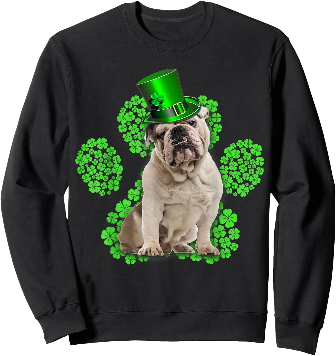 English Bulldog Shamrock Paw Clovers St Patrick's Day Sweatshirt - Sweatshirt | Black