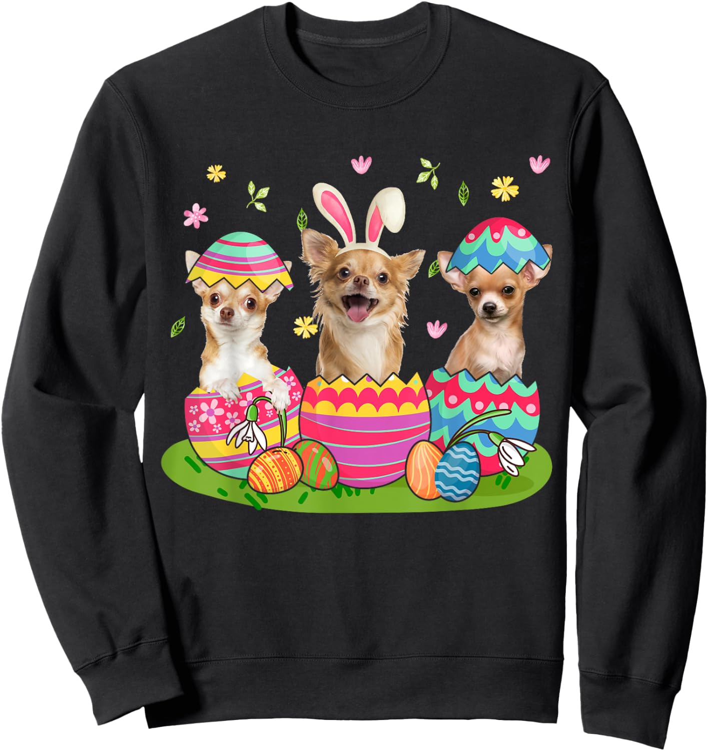 Three Bunny Chihuahua Inside Easter Egg Happy Easter Sweatshirt - Sweatshirt | Black