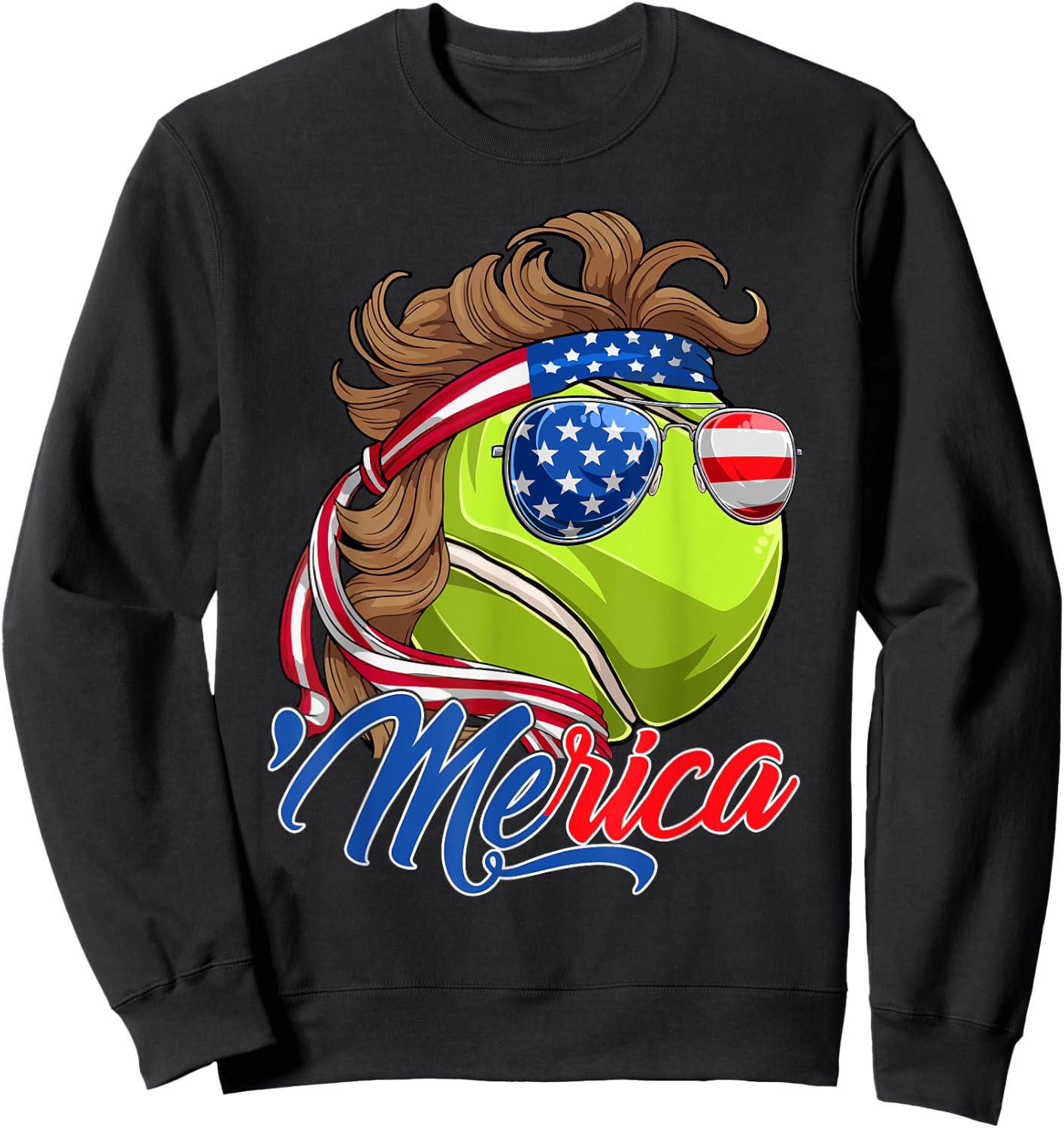 Funny Merica Tennis Ball & USA Flag Sunglasses 4th Of July Kids Men Sweatshirt - Sweatshirt | Black