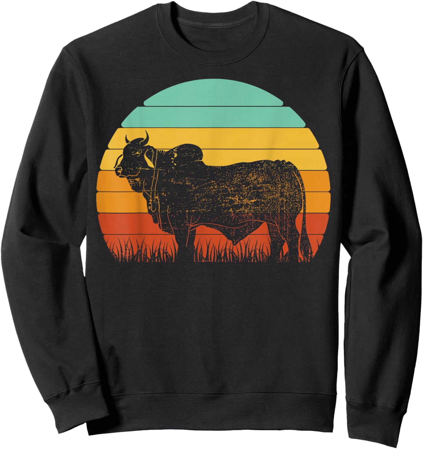Retro Sunset Cow Farmer Brahman Cattle Sweatshirt - Sweatshirt | Black