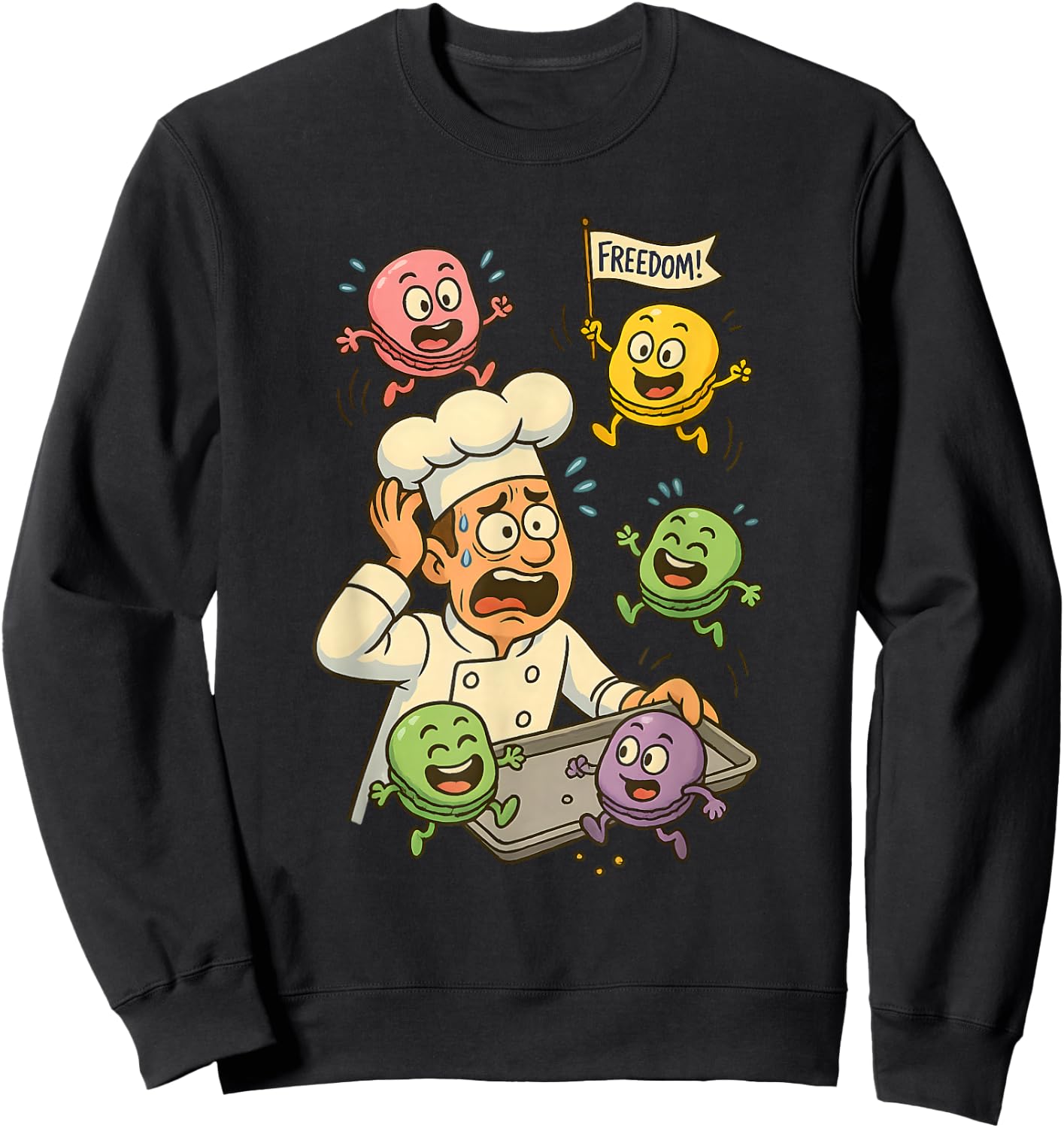 Funny Cartoon Chef & Escaping Macarons Baking Humor Sweatshirt - Sweatshirt | Black