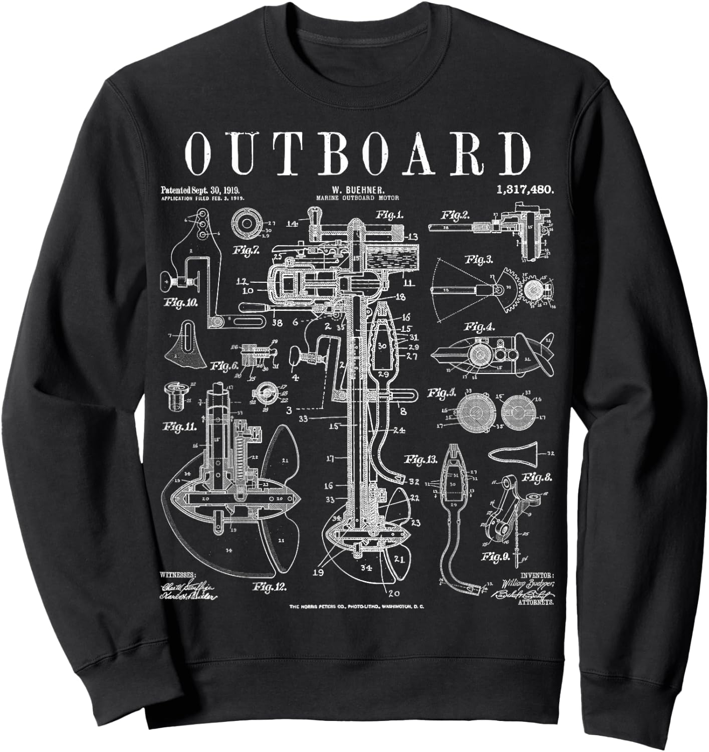 Fishing Boat Outboard Marine Motor Vintage Patent Print Sweatshirt - Sweatshirt | Black