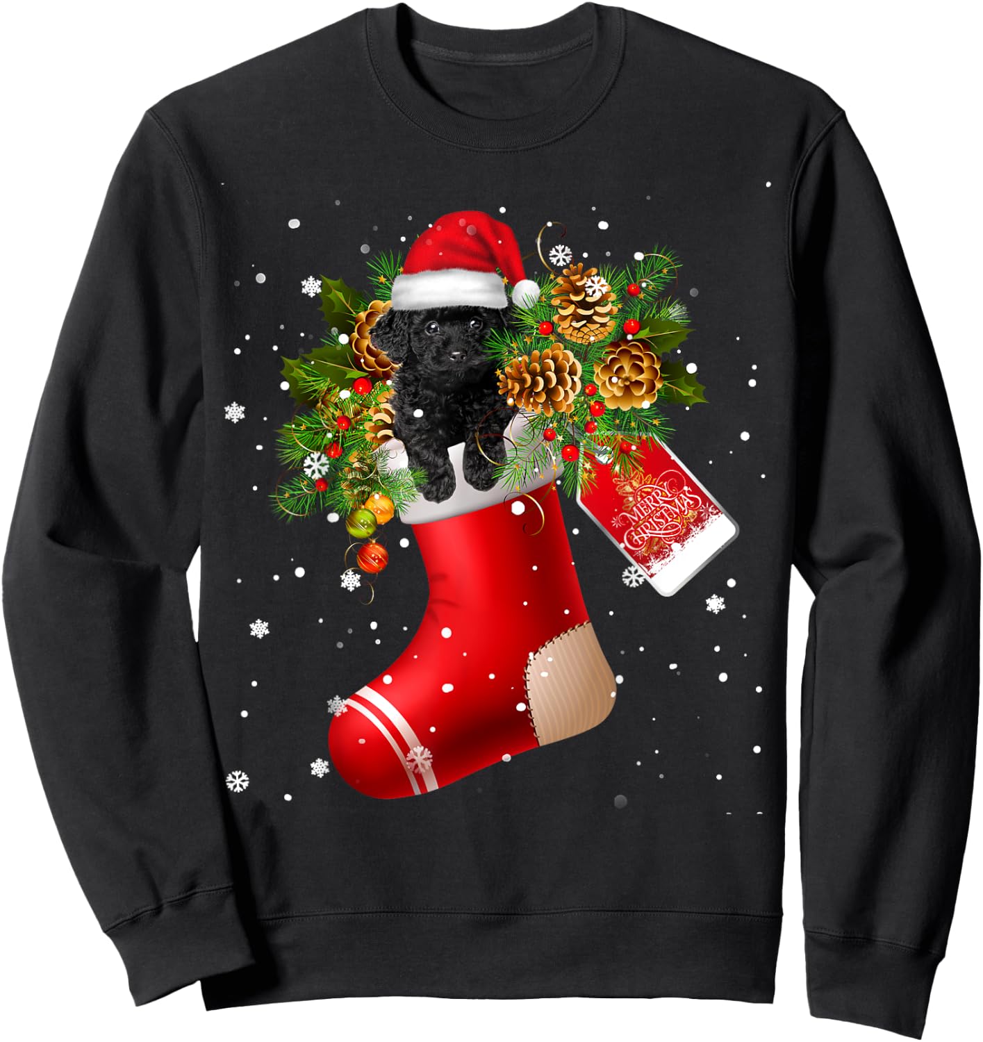 Santa Black Toy Poodle In Christmas Sock Pajama Sweatshirt - Sweatshirt | Black