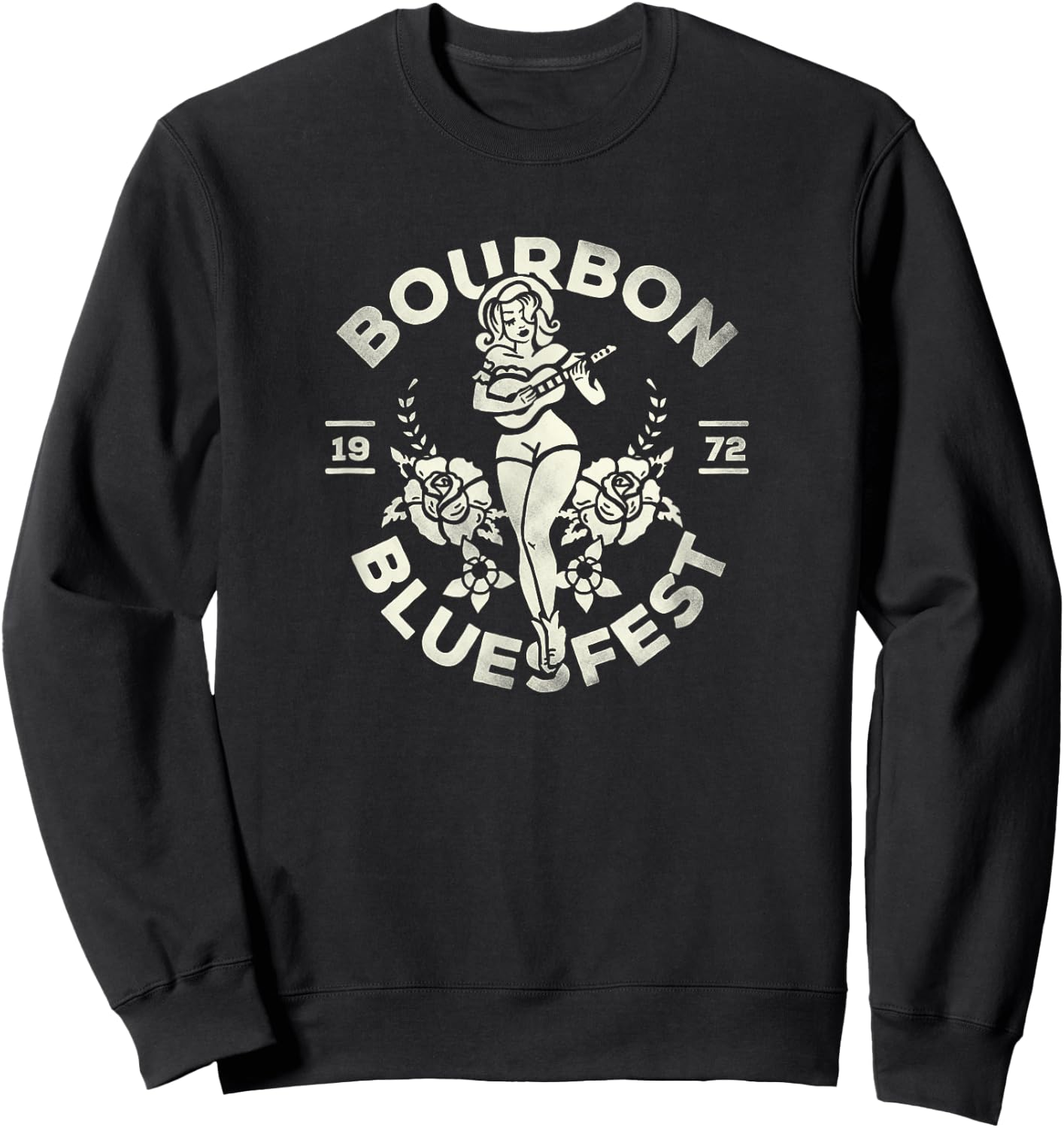 Bourbon Bluesfest 1972: Vintage Pinup Girl Playing Guitar Sweatshirt - Sweatshirt | Black