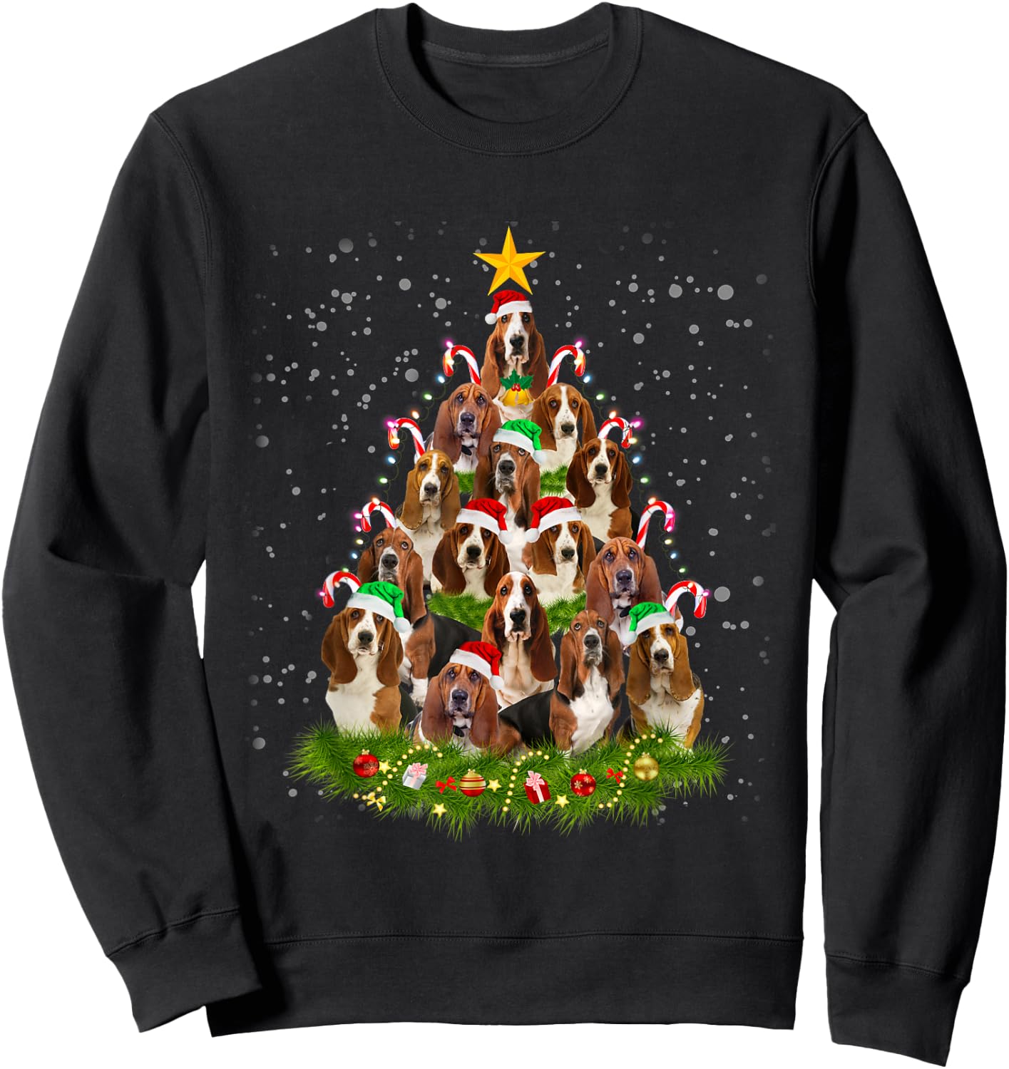 Basset Hound Merry Christmas Tree Light Pajama Basset Hound Sweatshirt - Sweatshirt | Black