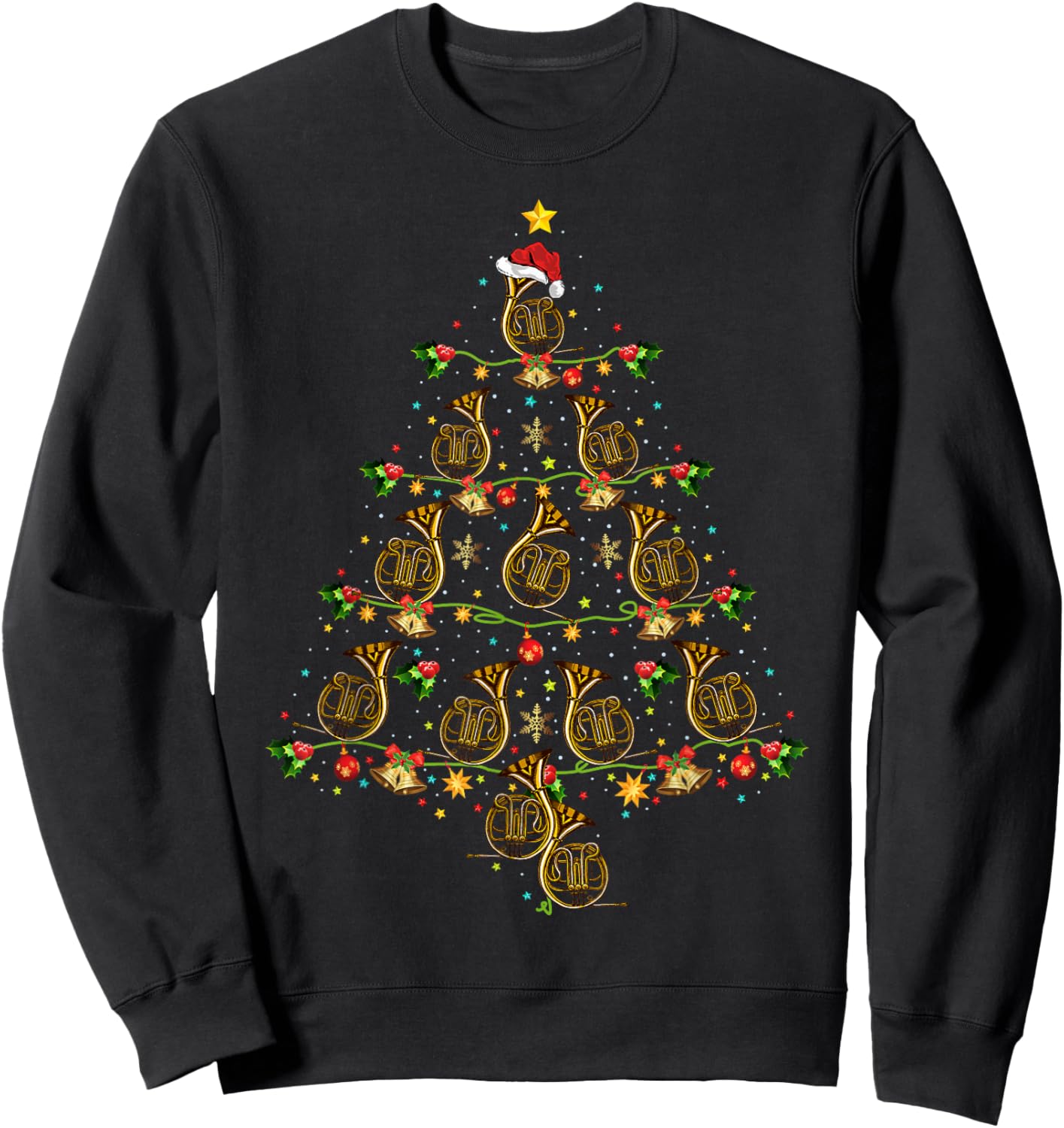 French Horn music Lover Xmas Gift French Horn Christmas Tree Sweatshirt - Sweatshirt | Black