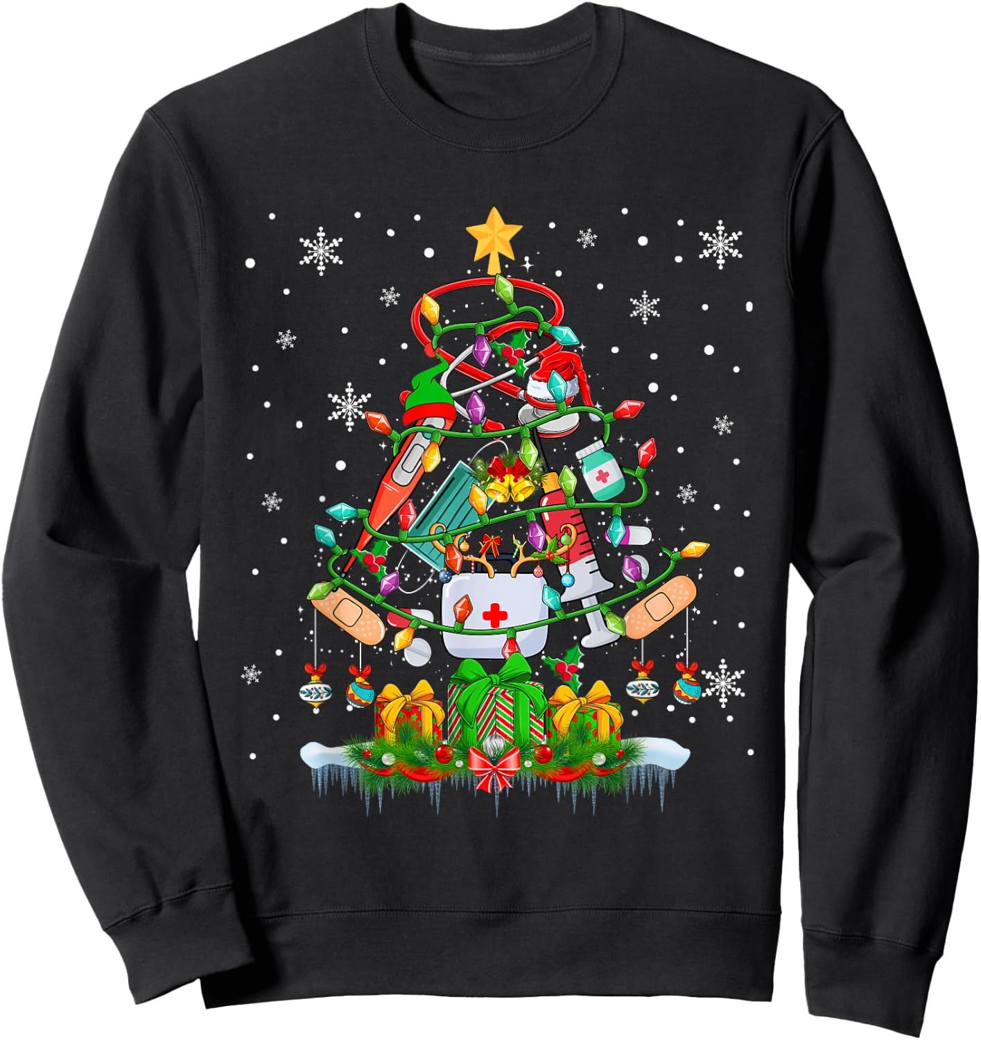 Christmas Tree Santa Reindeer Elf Medical Instruments Doctor Sweatshirt - Sweatshirt | Black