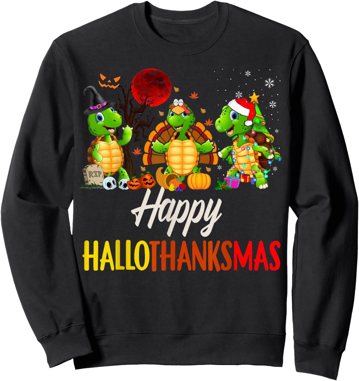 Happy Hallothanksmas Santa Turtle Halloween Thanksgiving Sweatshirt - Sweatshirt | Black