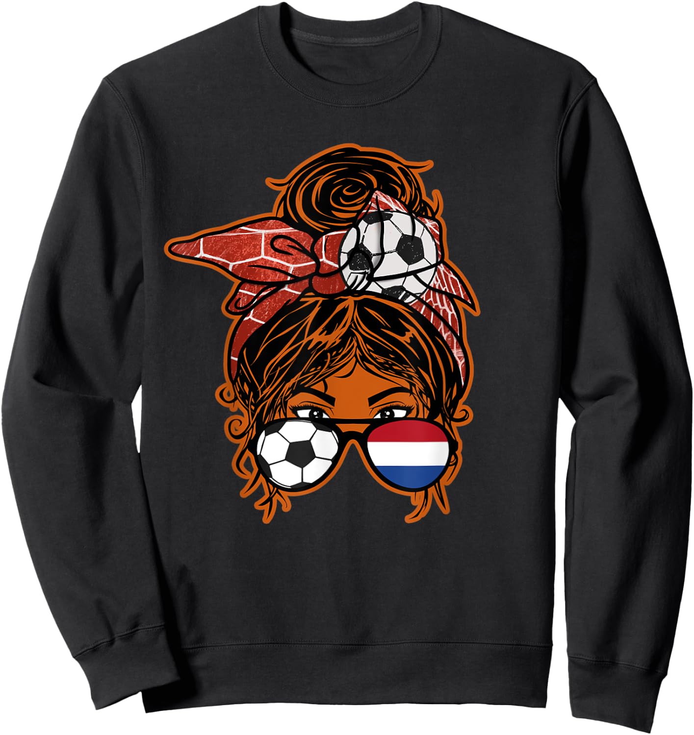Messy Bun Hair Brown Skin Soccer Girl Netherlands Jersey Sweatshirt - Sweatshirt | Black