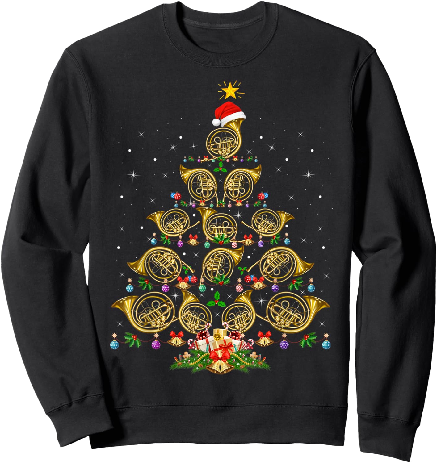 French Horn Lover Christmas Lighting French Horn Xmas Tree Sweatshirt - Sweatshirt | Black