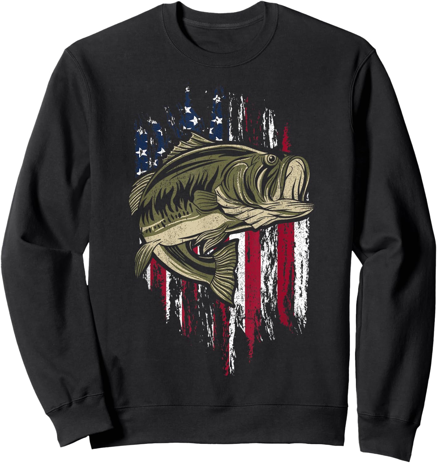 Bass Fishing American Flag 4th of July Gift Fisherman Sweatshirt - Sweatshirt | Black