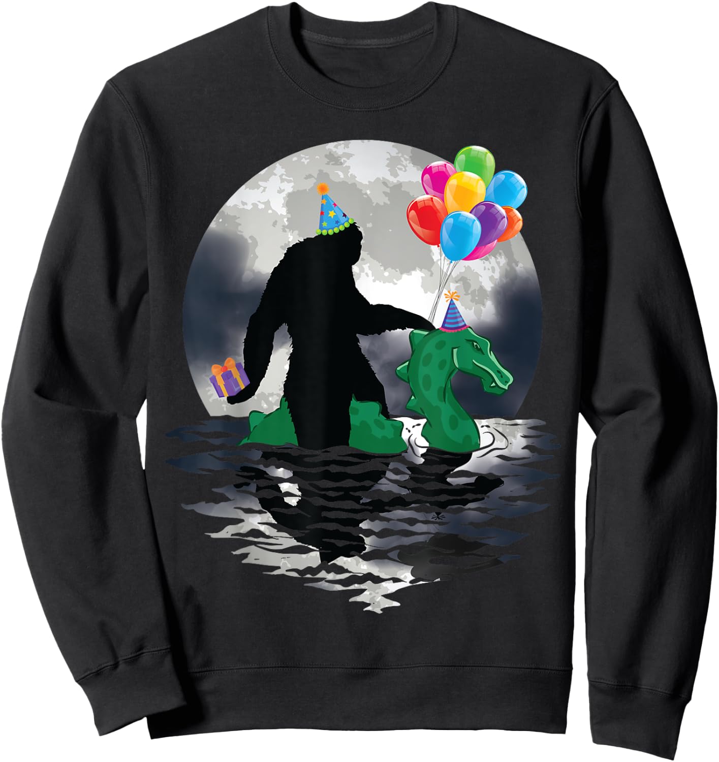 Funny Bigfoot Riding Loch Ness Monster Birthday Celebration Sweatshirt - Sweatshirt | Black
