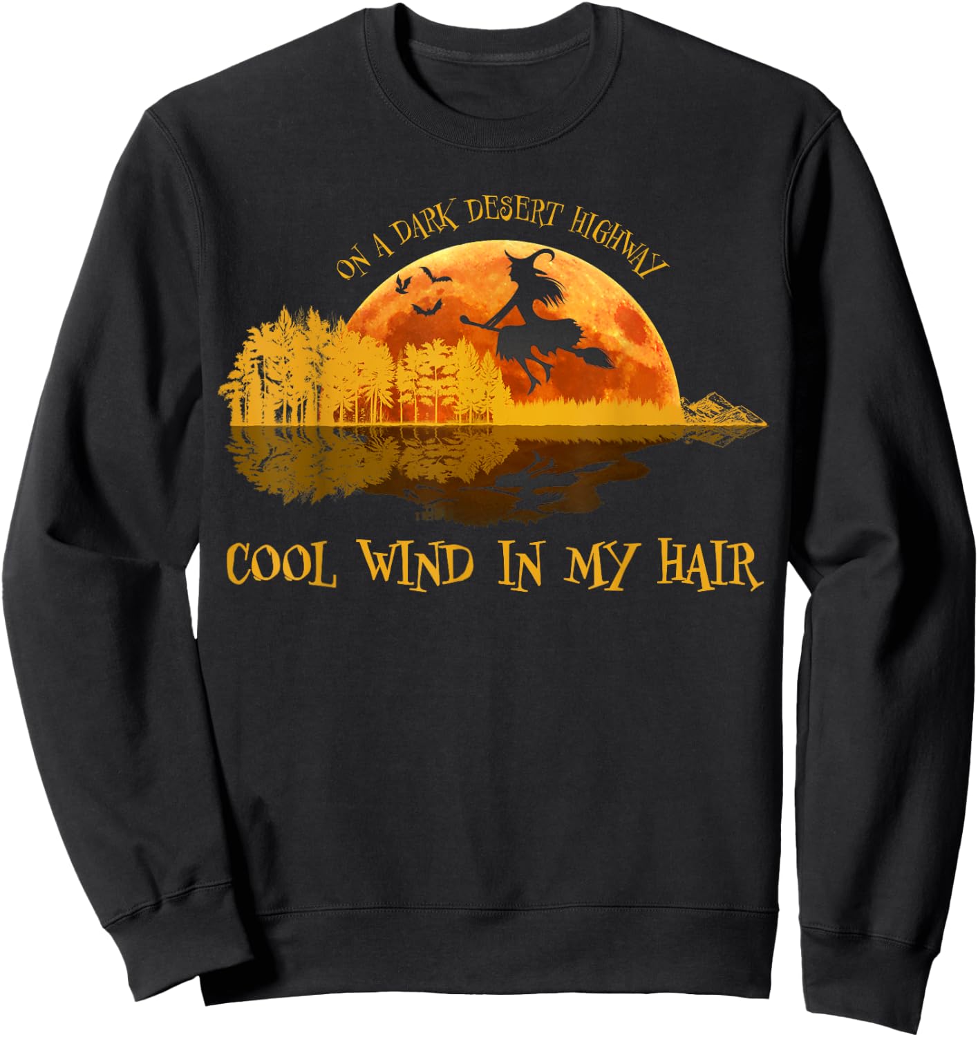 Flying Witch Riding Her Broom On A Desert Highways Halloween Sweatshirt - Sweatshirt | Black