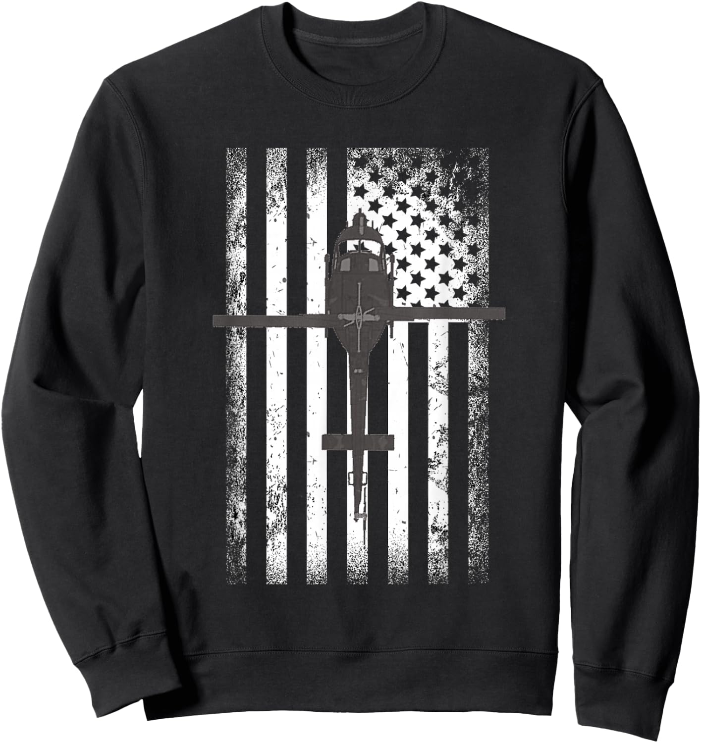 UH-1 Huey Military Helicopter American Flag Sweatshirt - Sweatshirt | Black