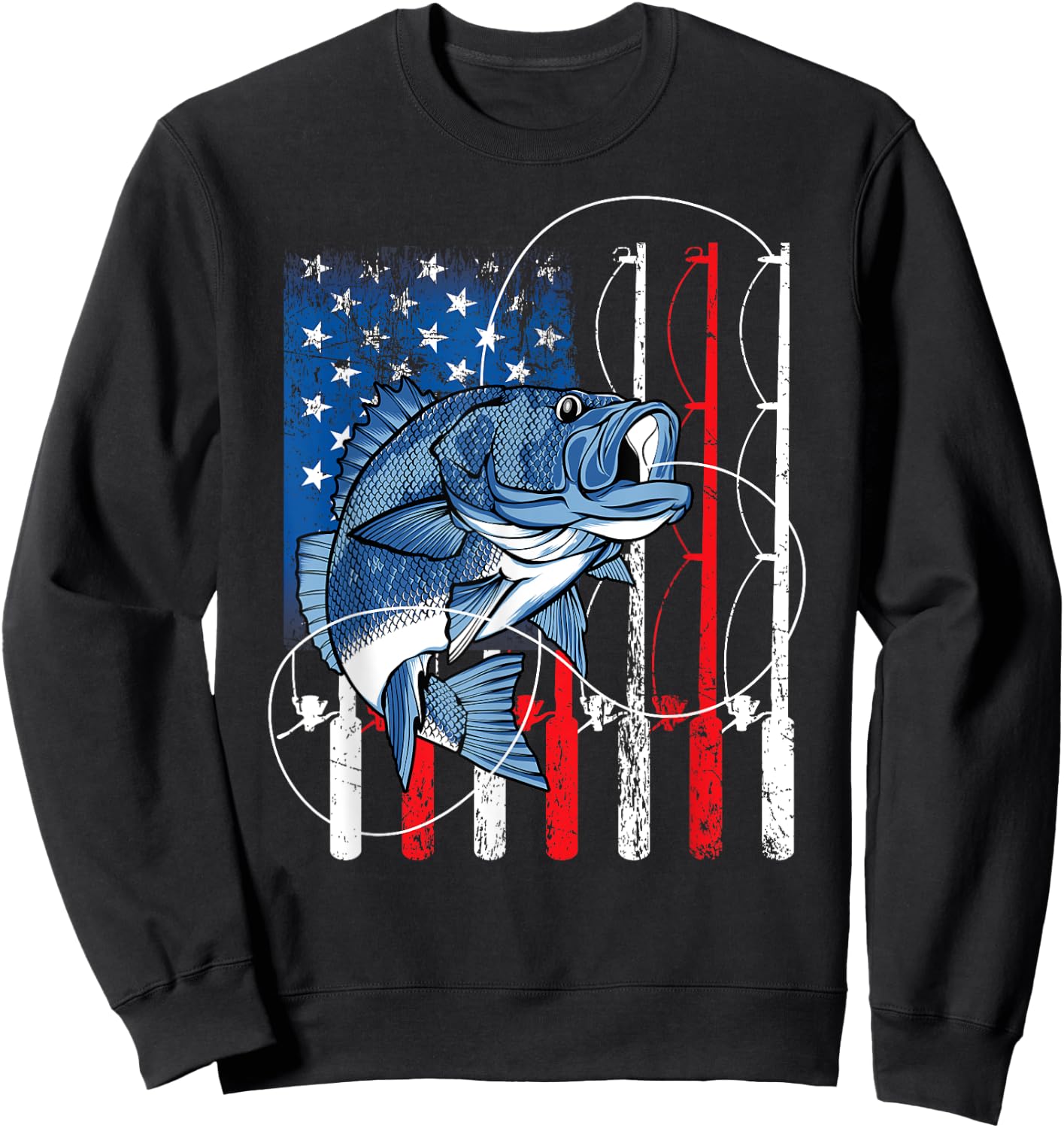 Fishing Vintage American Flag Bass Fisherman Gifts Sweatshirt - Sweatshirt | Black