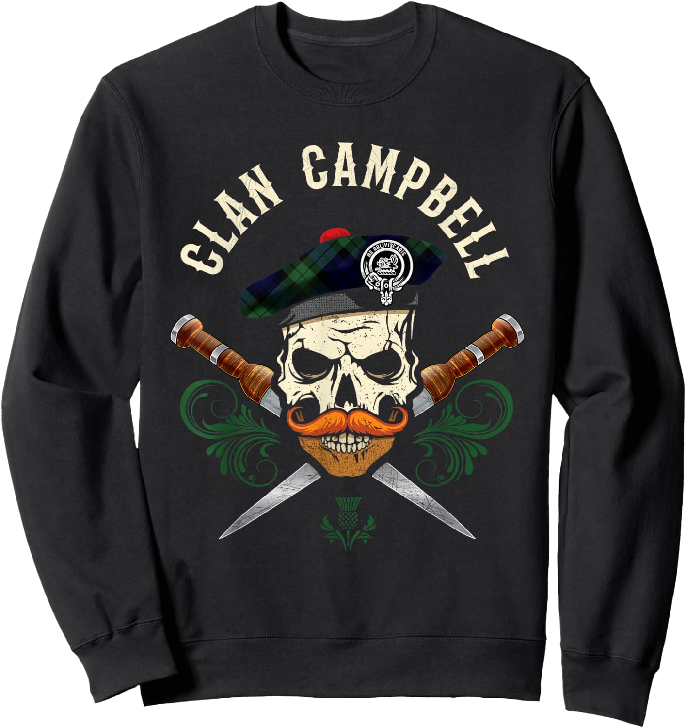 Campbell Surname Scottish Clan Skull Tam Dirks Tartan Badge Sweatshirt - Sweatshirt | Black