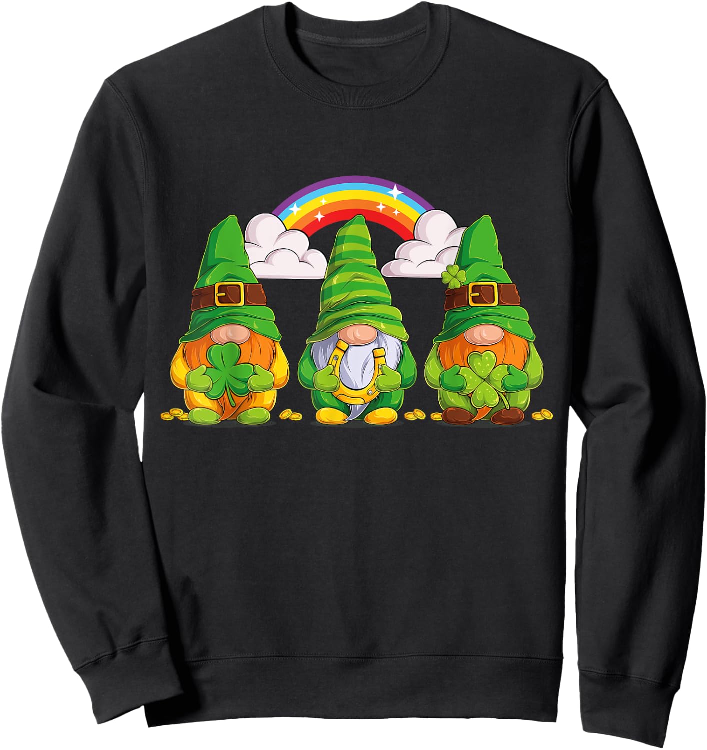 Lucky Gnomes Holding Shamrock Clover And Horseshoe Rainbow Sweatshirt - Sweatshirt | Black