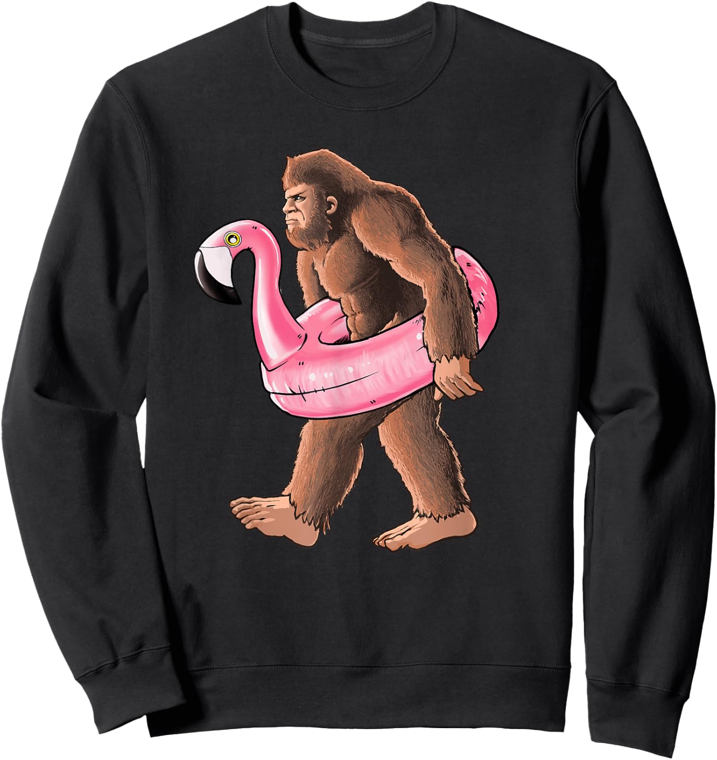 Bigfoot Carrying a Pink Flamingo Pool Floaty Summertime Sweatshirt - Sweatshirt | Black