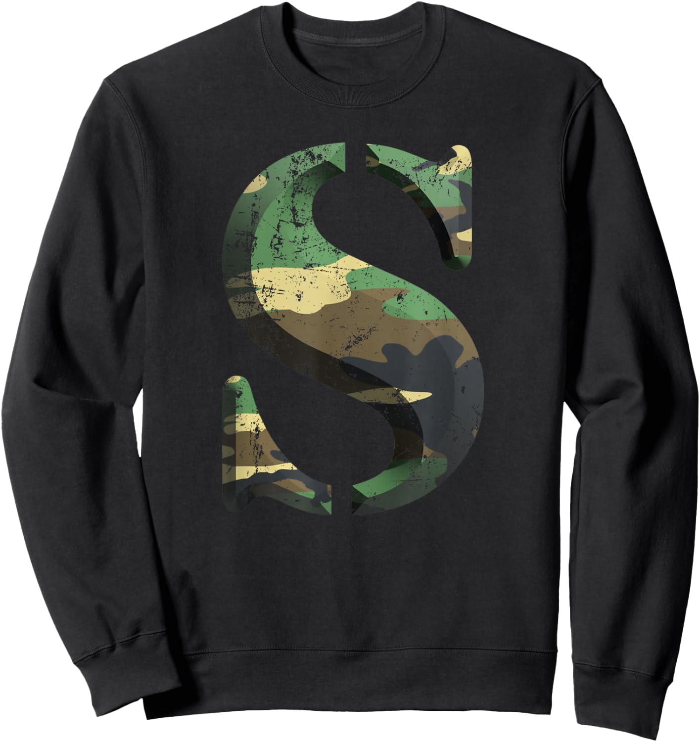 Capital Letter S Stencil Font Army Camo Woodland Camouflage Sweatshirt - Sweatshirt | Black