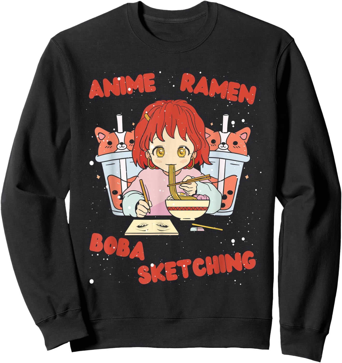 Anime Ramen Boba Sketching Funny Anime Girl Japanese Love Sweatshirt - Sweatshirt | Black