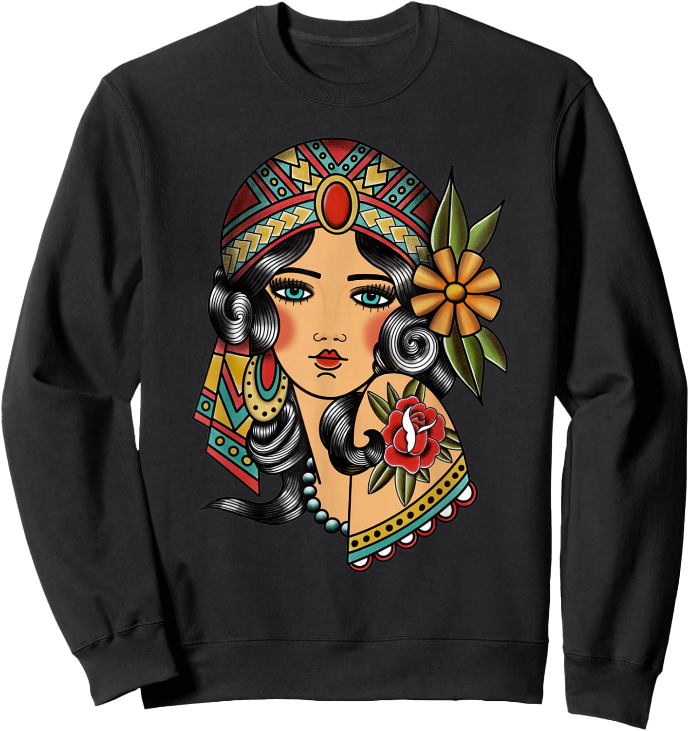 Gypsy Lady Head Fortune Teller American Traditional Tattoo Small Sweatshirt - Sweatshirt | Black