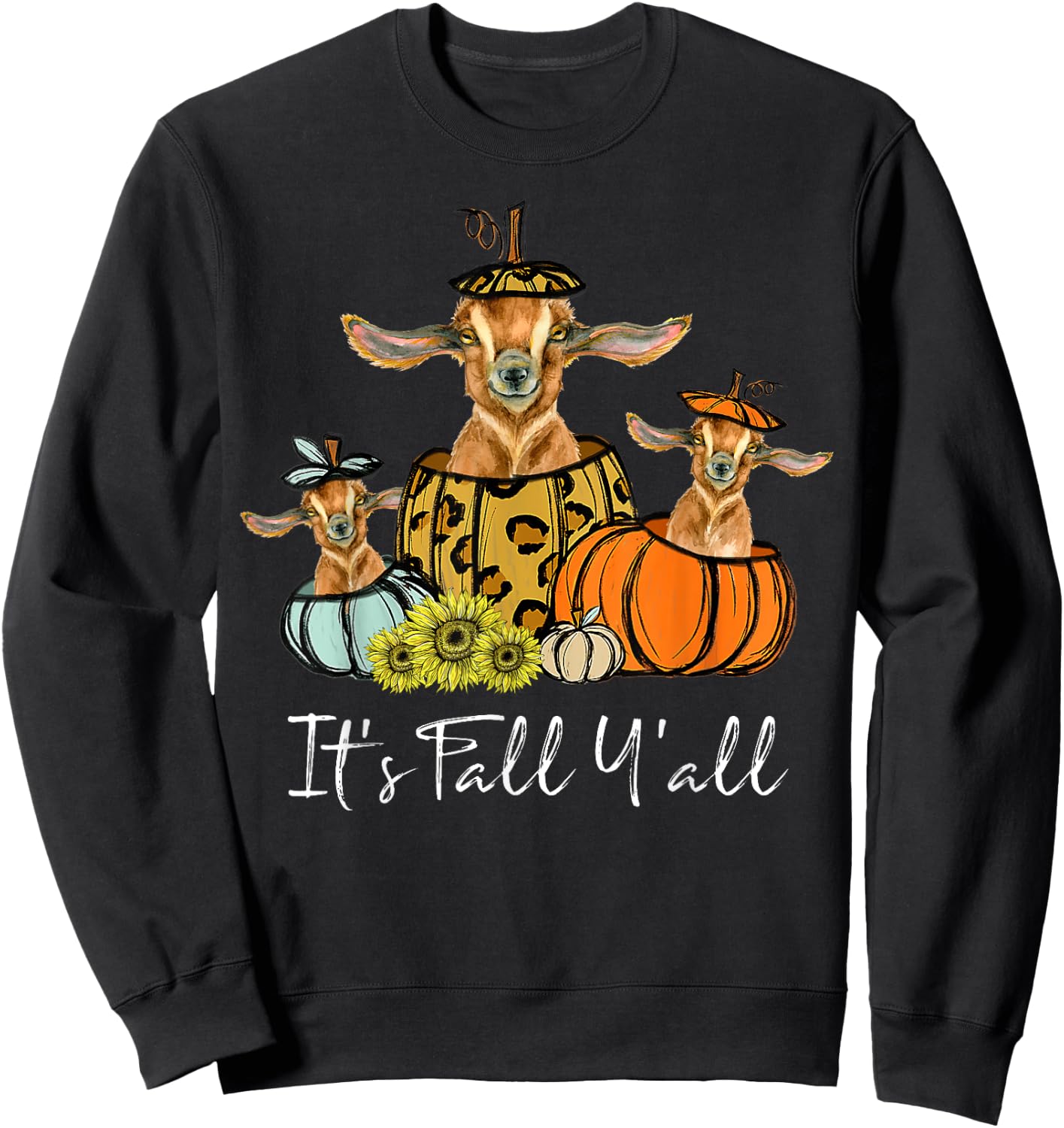 It's Fall Y'all Goat Animal Leopard Pumpkin Falling Autumn Sweatshirt - Sweatshirt | Black